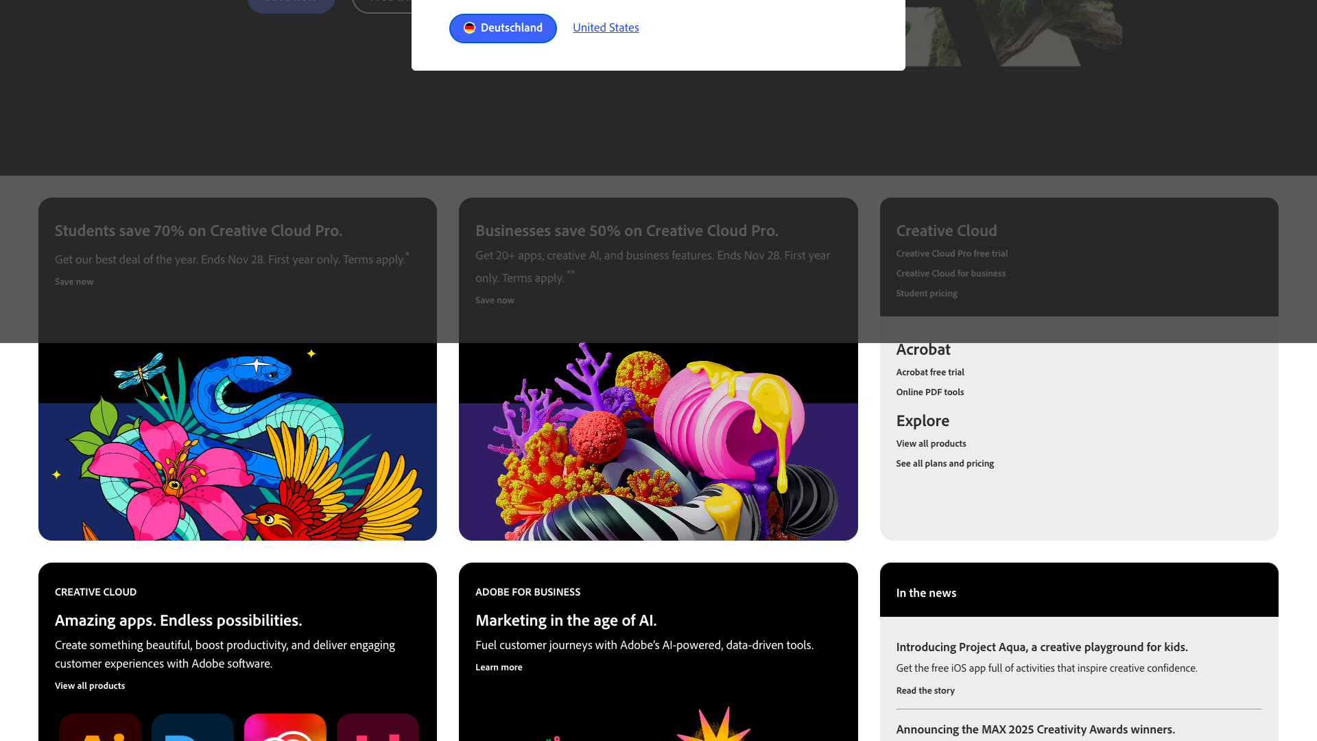 Features section showcasing the capabilities of Creative Cloud and Experience Cloud