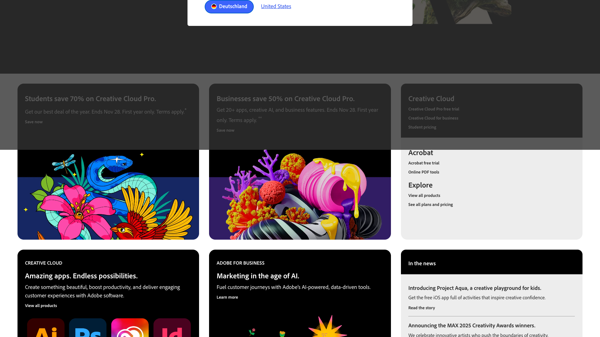 Experience Cloud section featuring Adobe Experience Manager and Analytics
