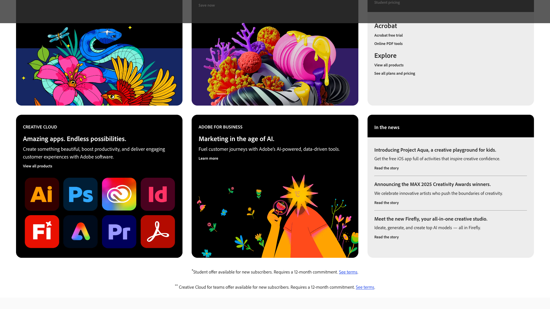 Creative Cloud section highlighting Adobe's design and media tools