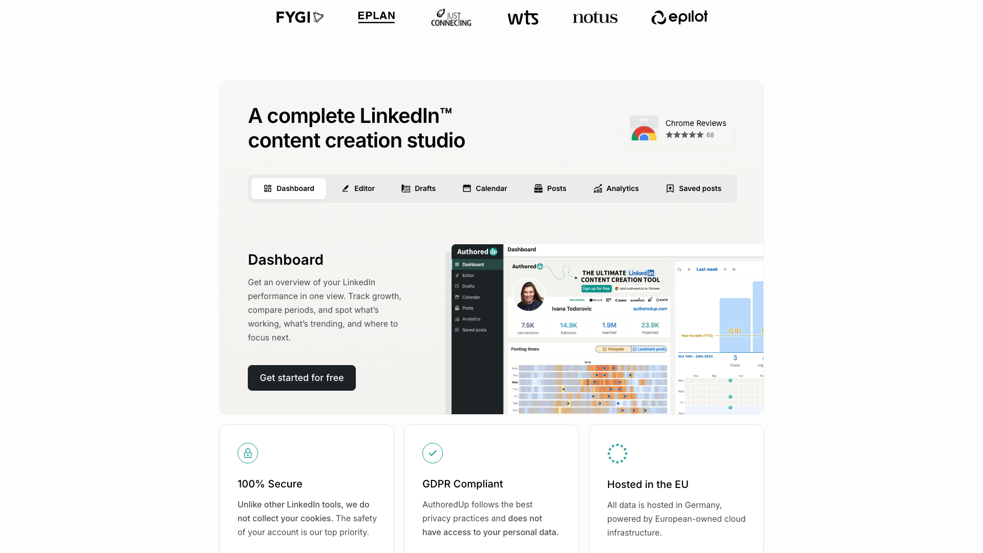 Features section on homepage highlighting content creation and analytics tools