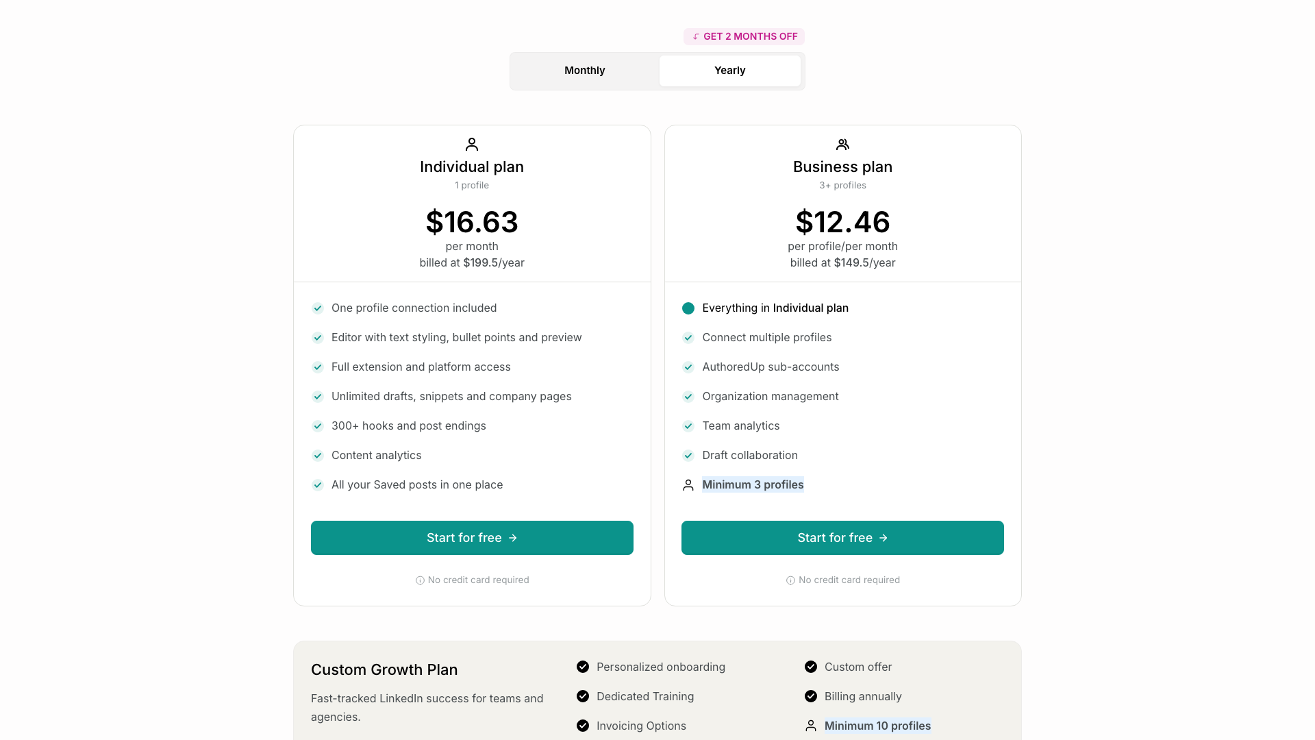 Pricing table showing plans
