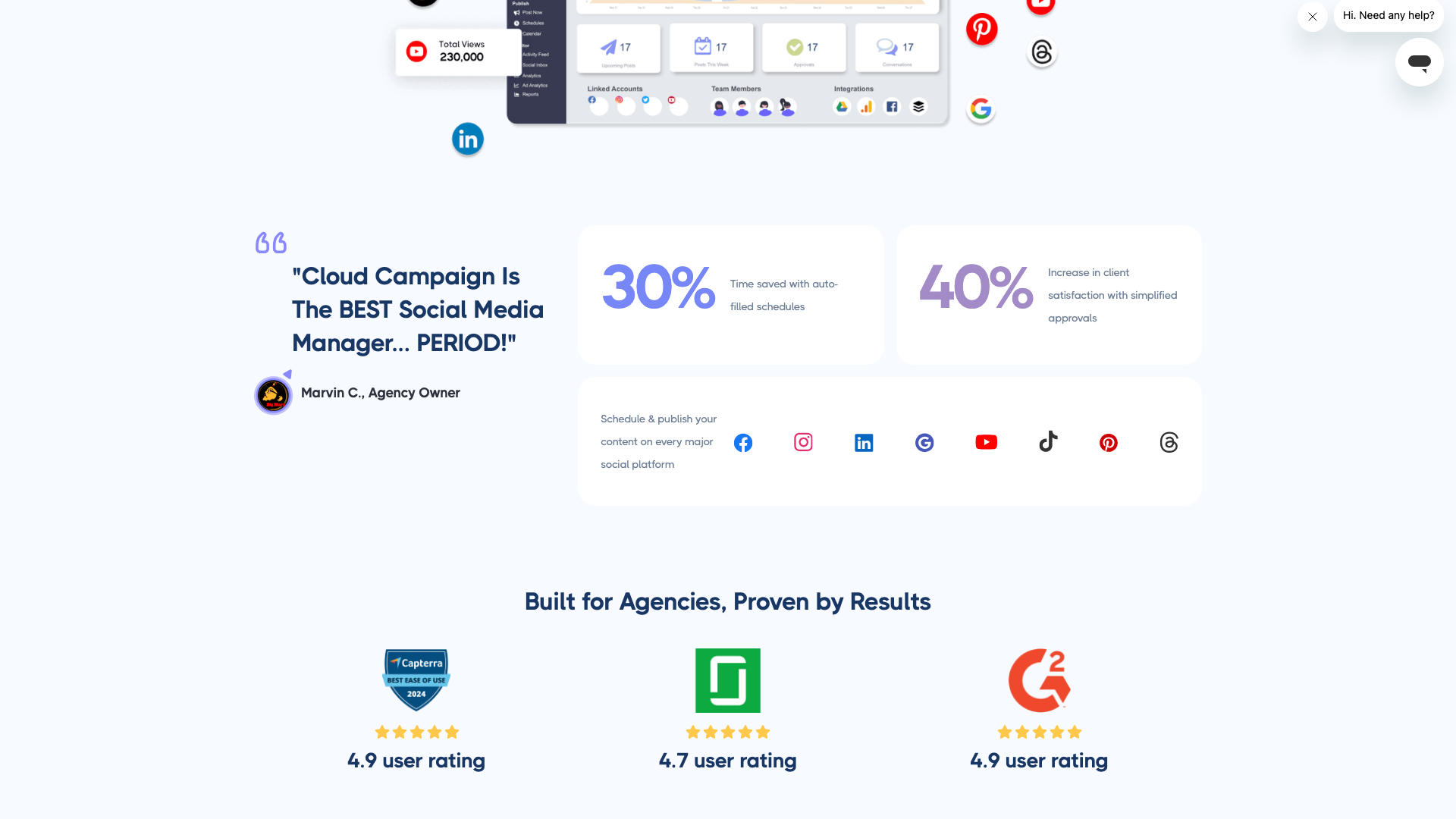 Features section on homepage emphasizing automation and analytics