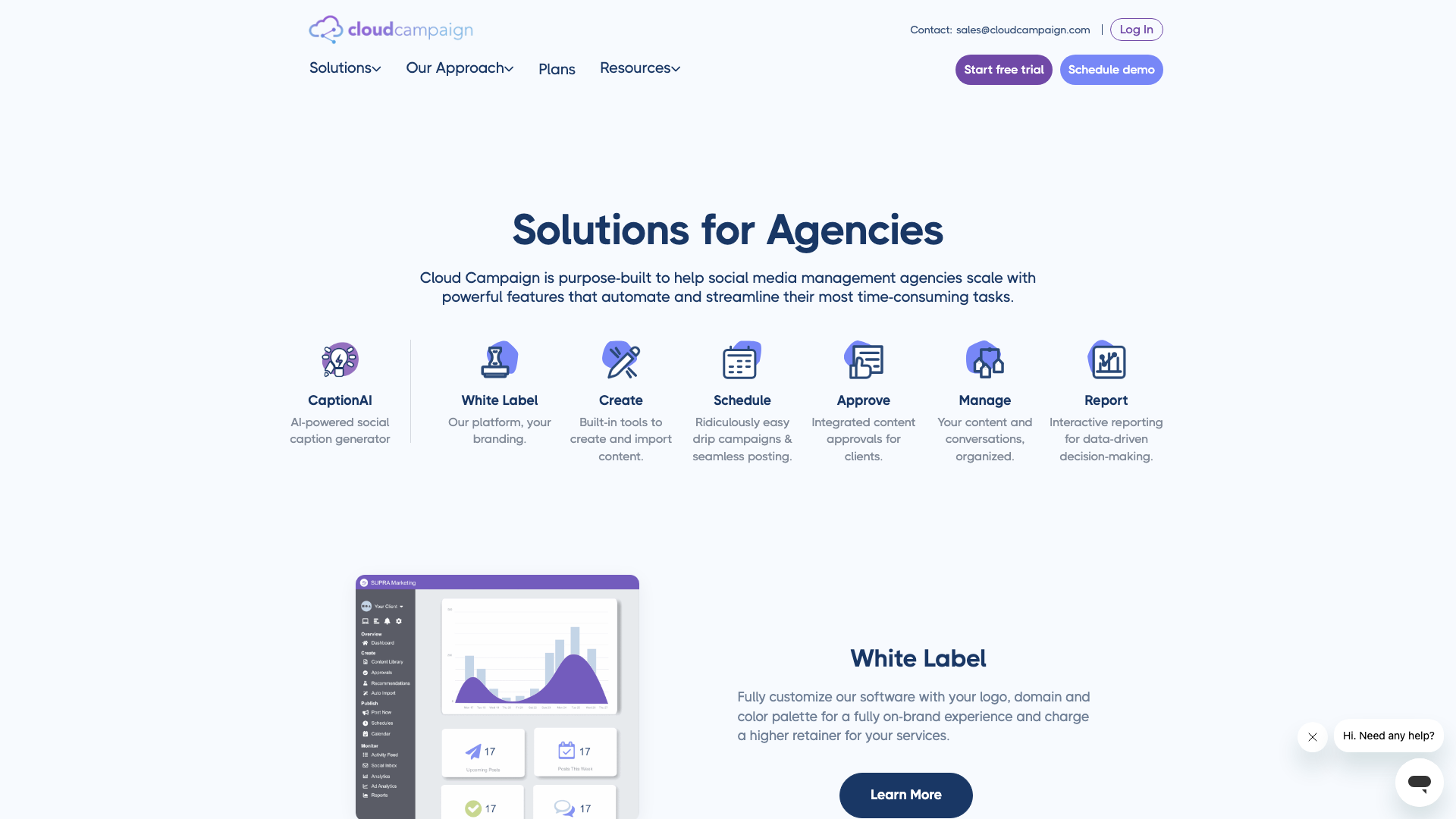 Solutions page detailing features and capabilities