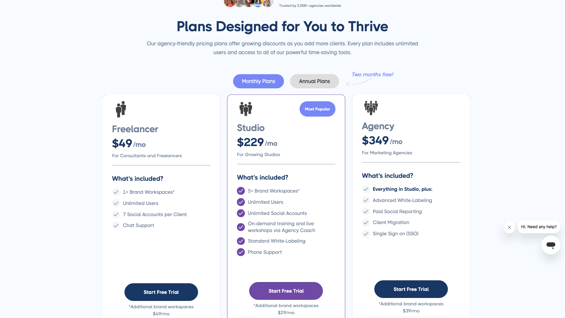 Plans page outlining different subscription options