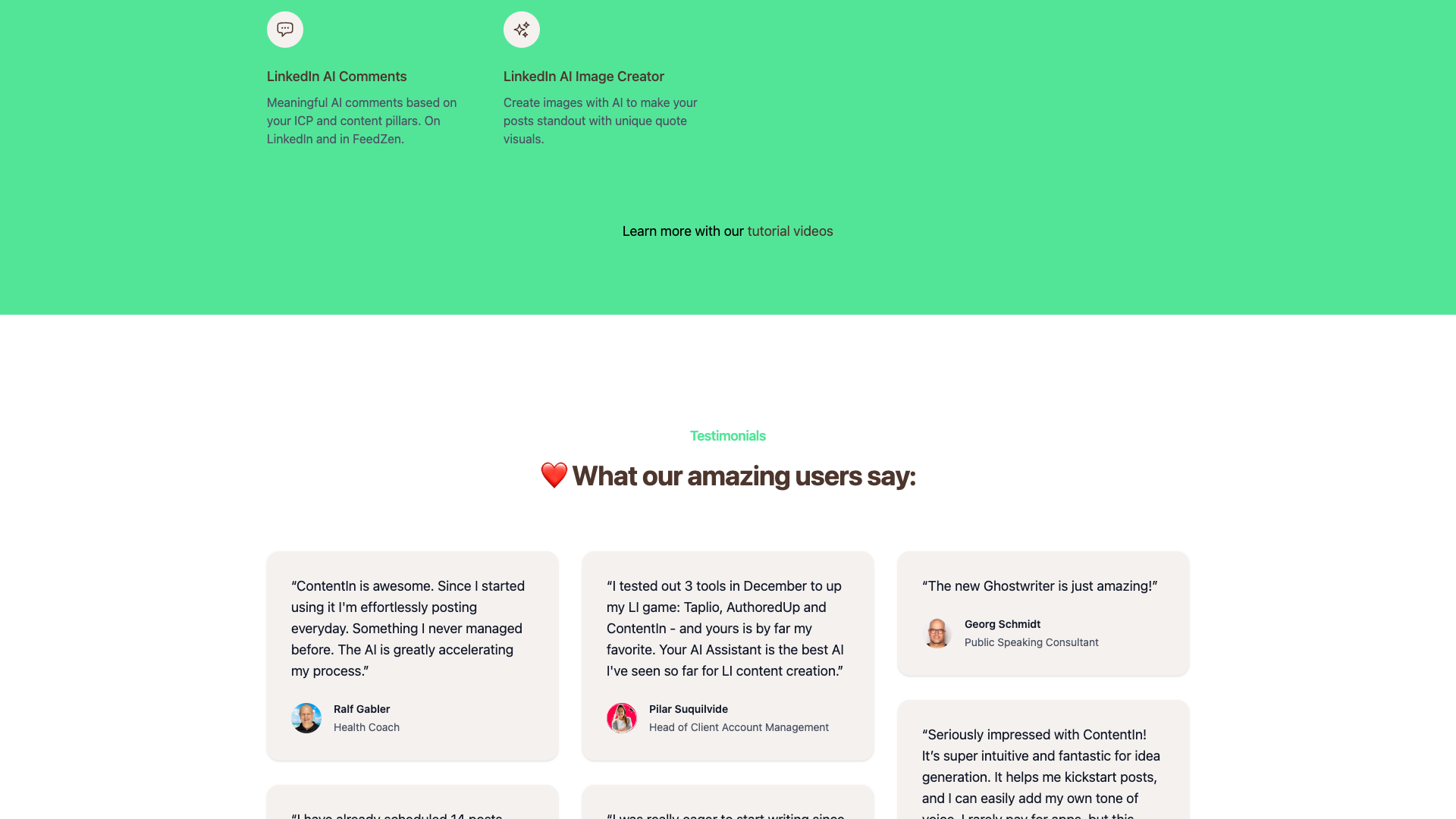 Social proof section comparing ContentIn with other tools