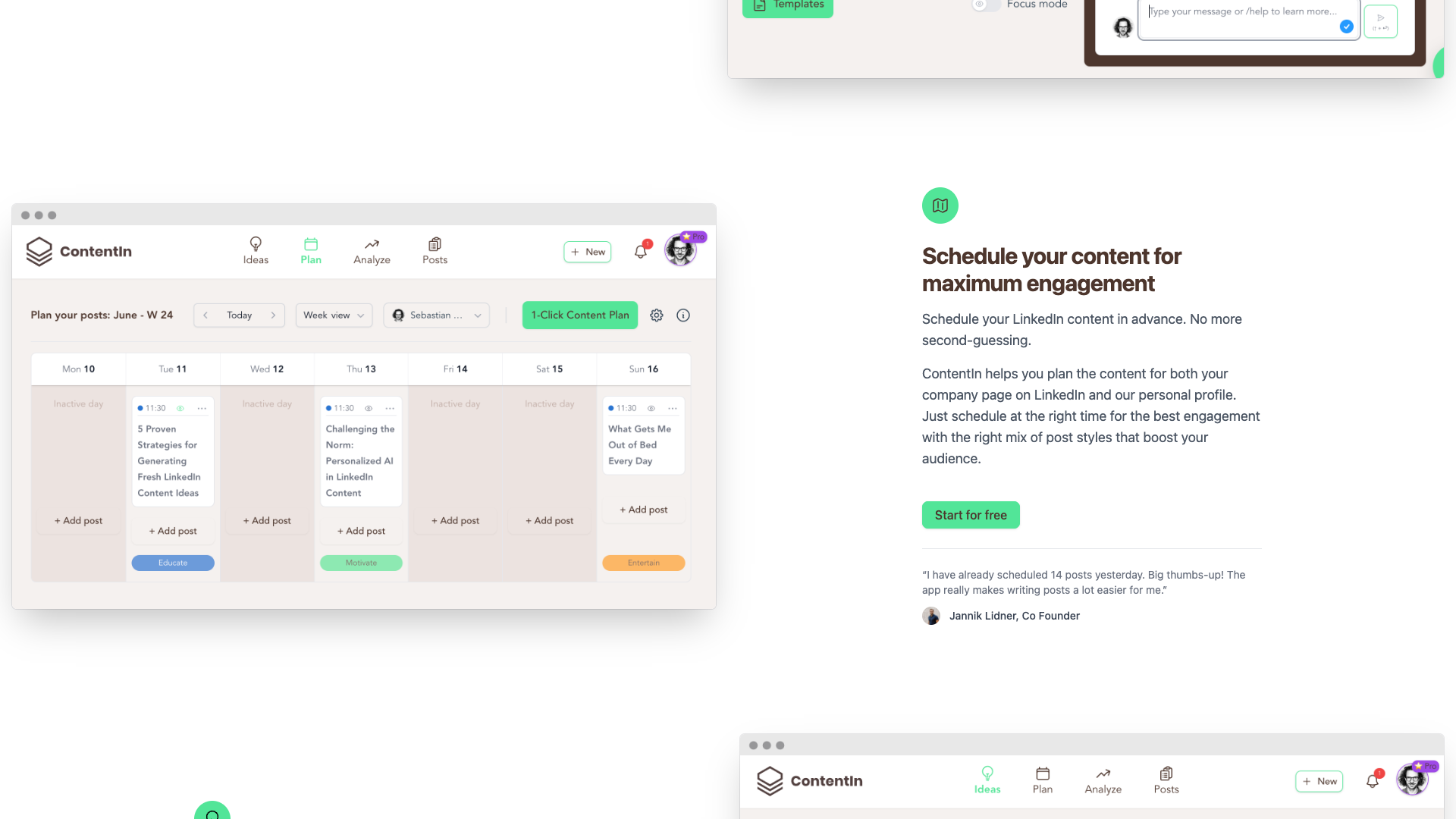 Features section on homepage highlighting LinkedIn content creation and scheduling tools