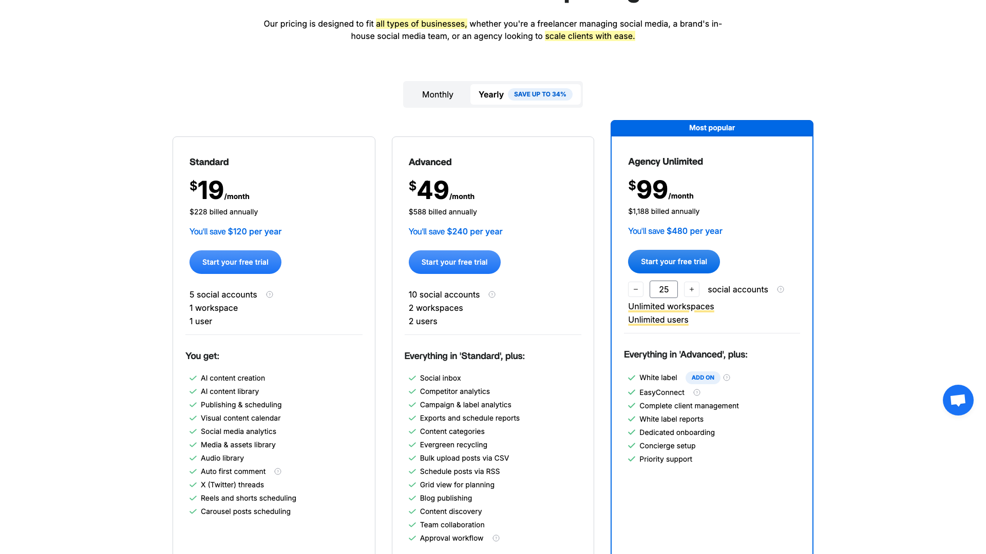 Pricing table showing plans