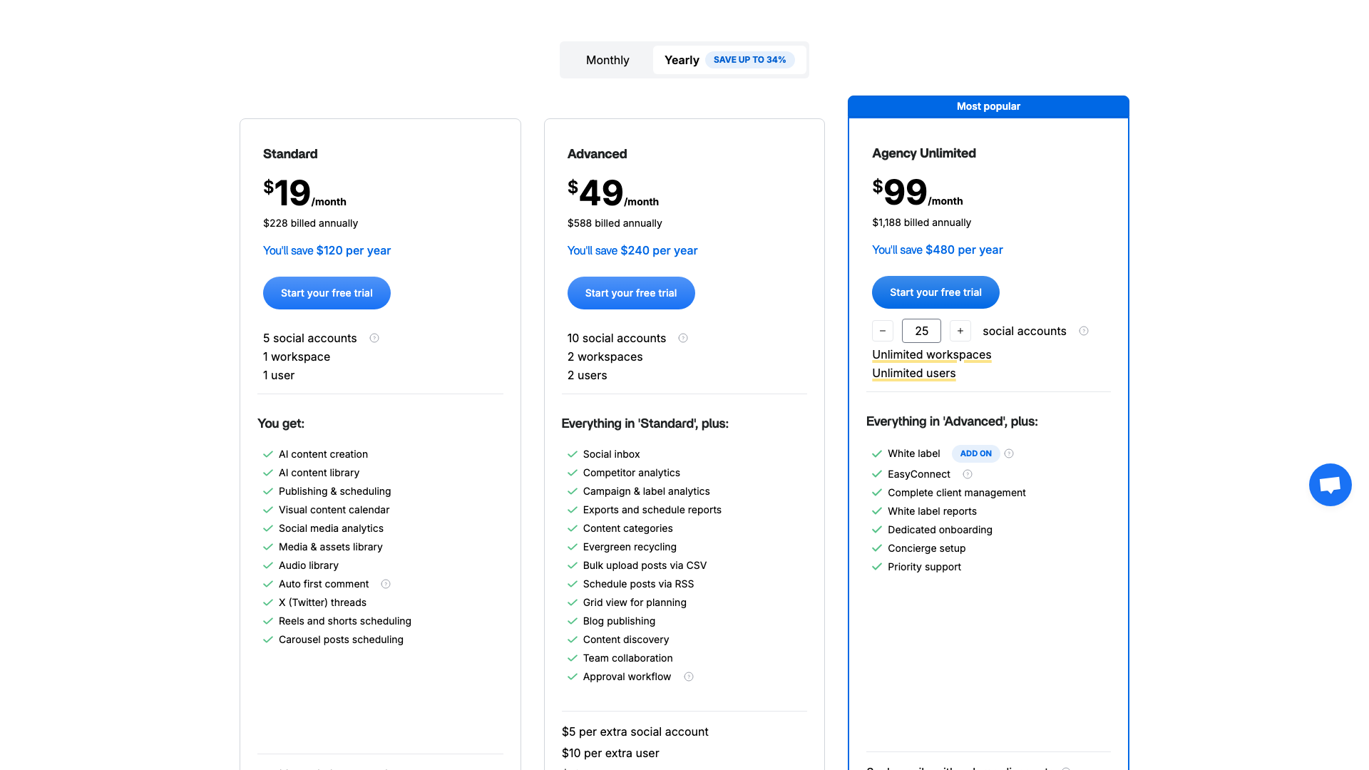 Pricing table showing plans for ContentStudio