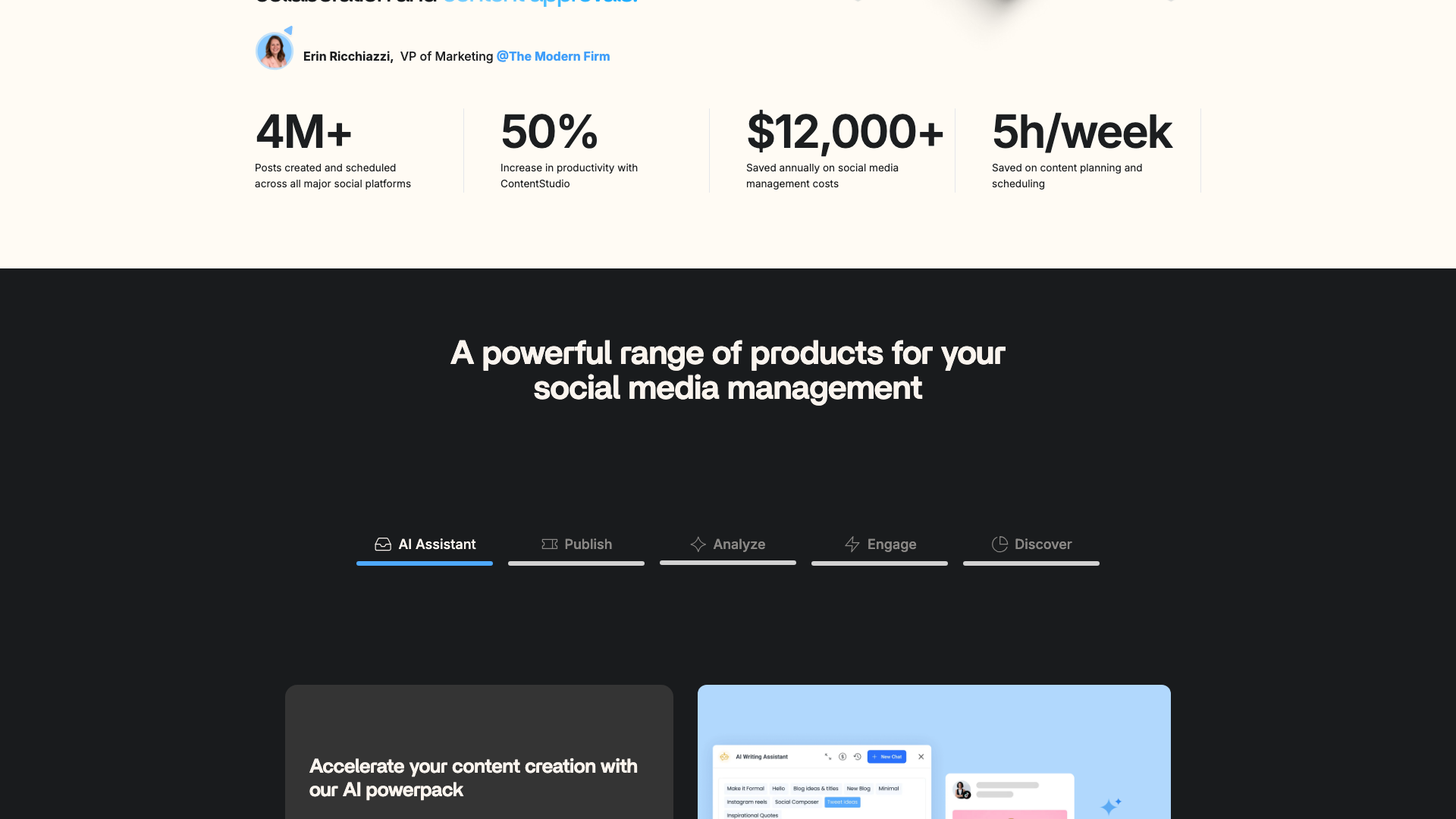 AI Studio section on ContentStudio homepage highlighting AI-powered post creation