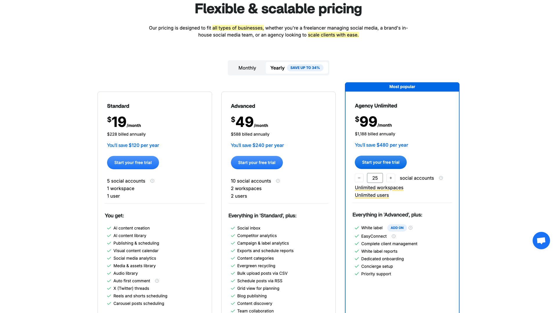 Pricing table showing plans