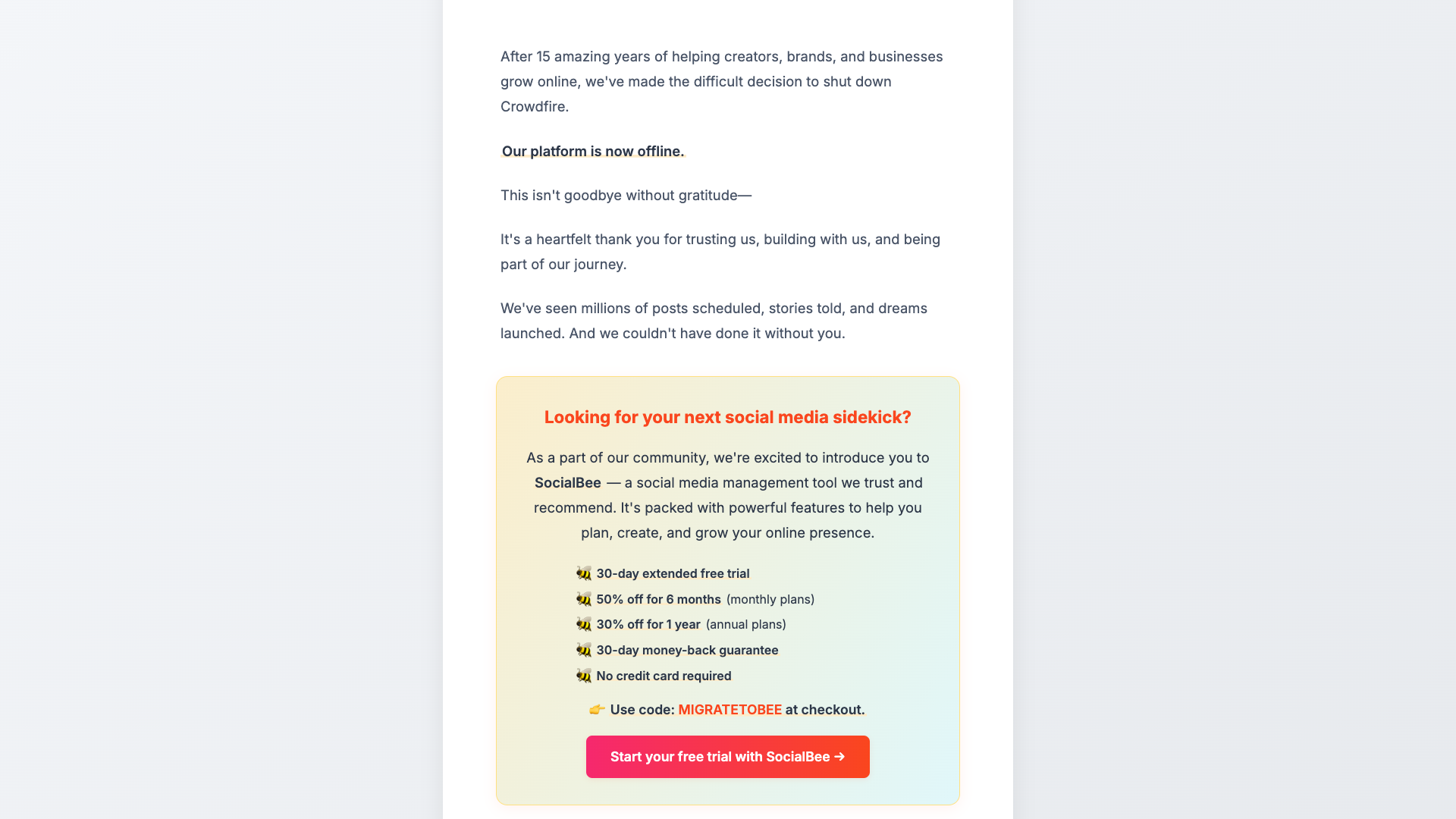 Features section on homepage highlighting Crowdfire's capabilities