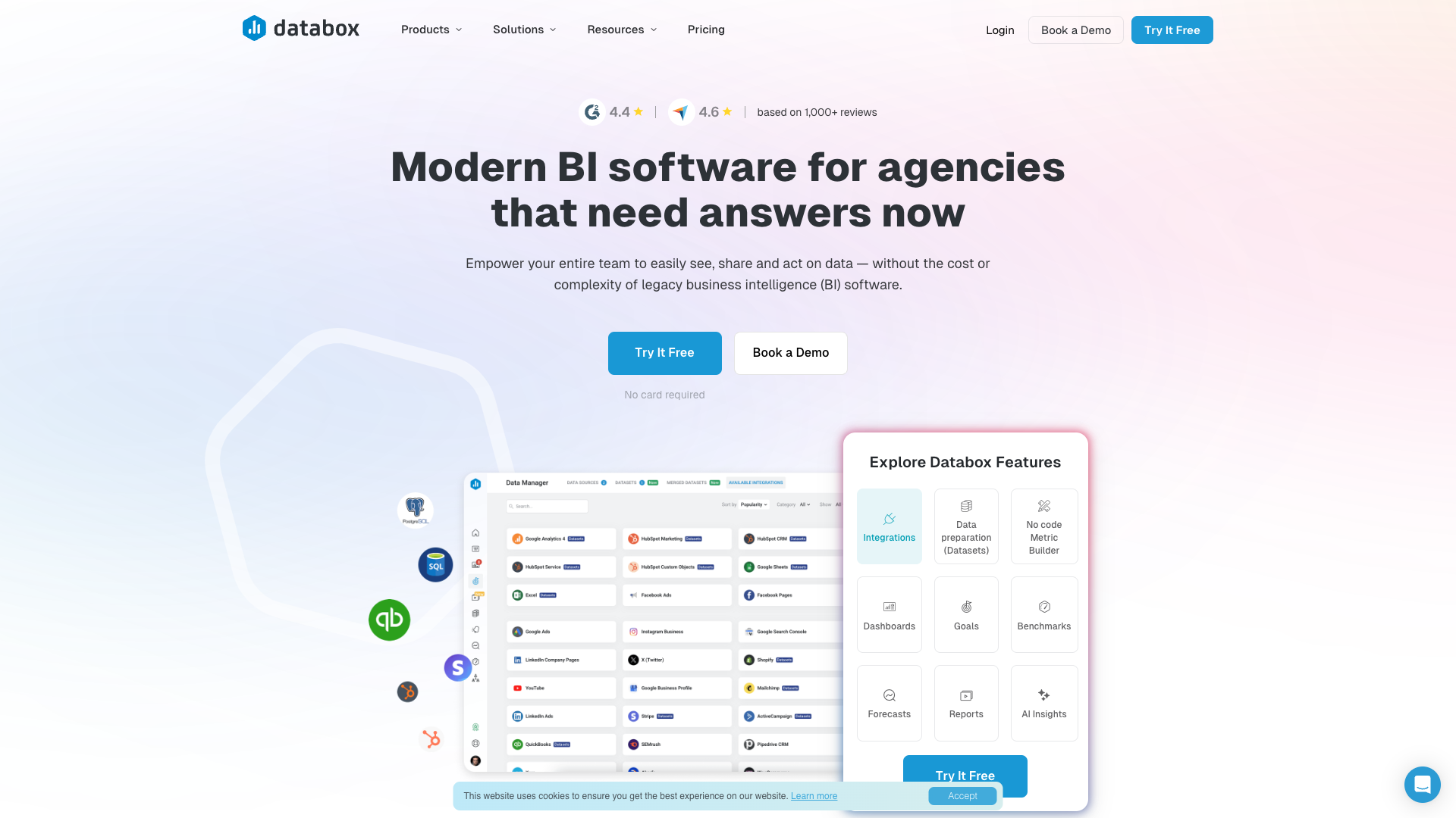 Features section on homepage highlighting Databox's no-code business intelligence capabilities