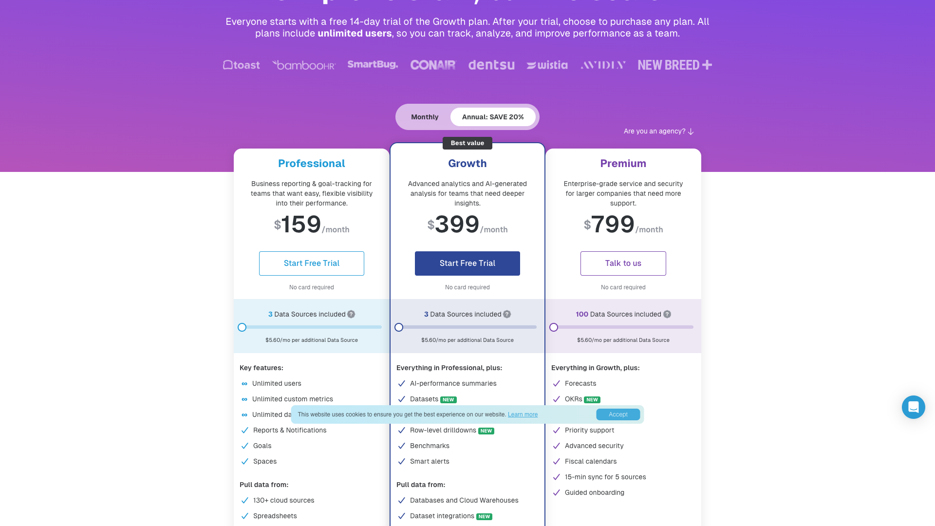 Pricing table showing plans