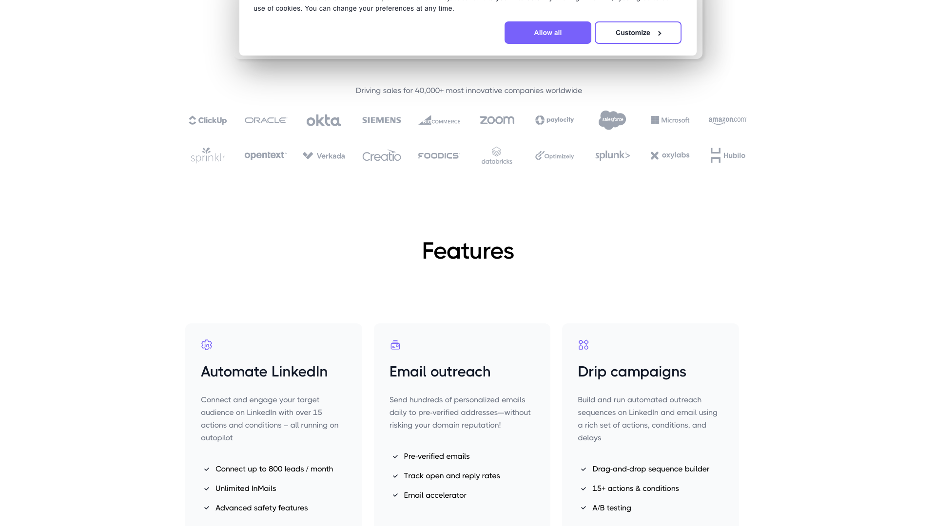 Features of Dripify highlighting multi-channel sales automation and hyper-personalization