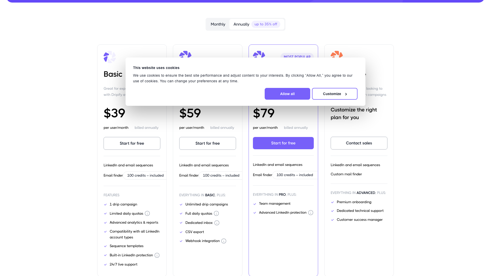 Pricing table showing plans for Dripify