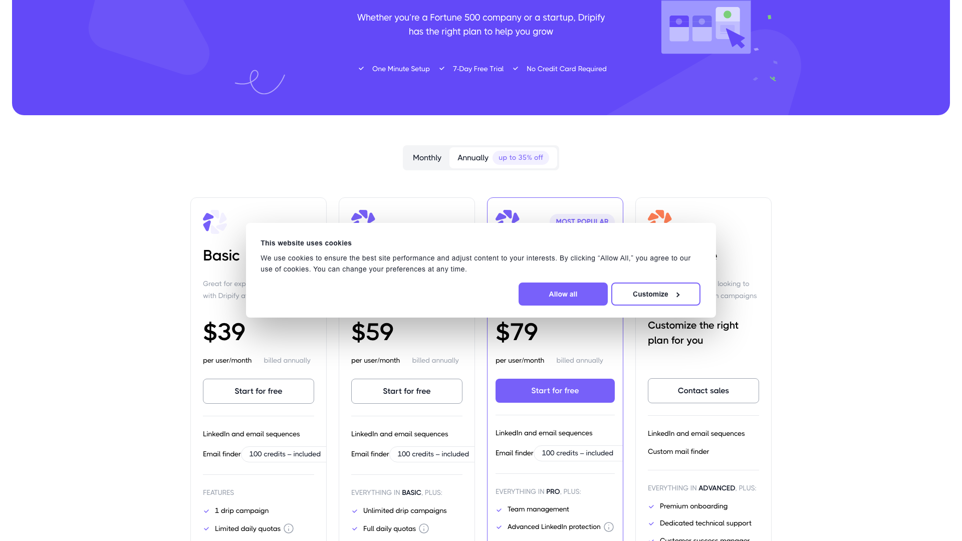 Pricing table showing plans