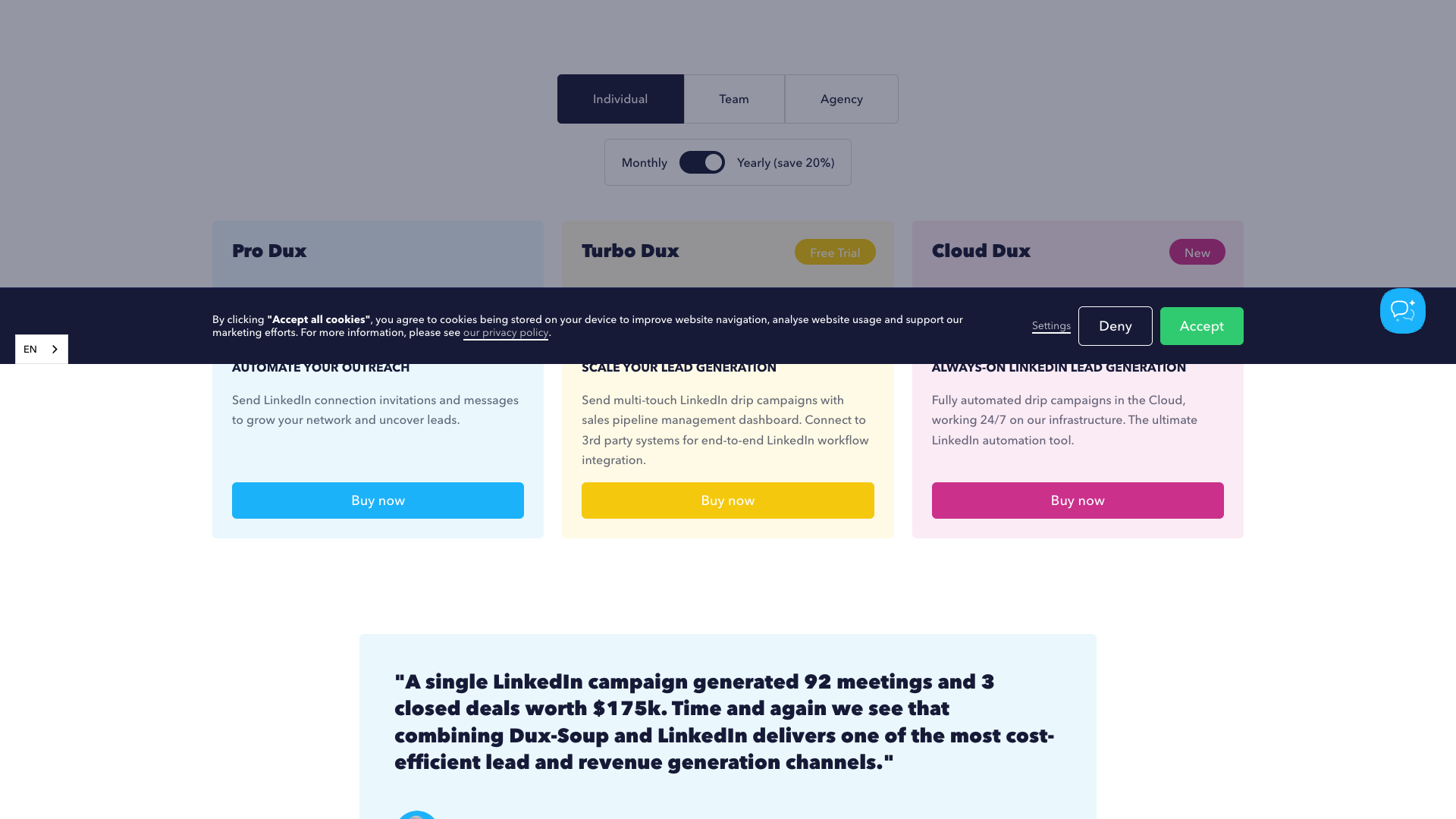 Pricing table showing plans