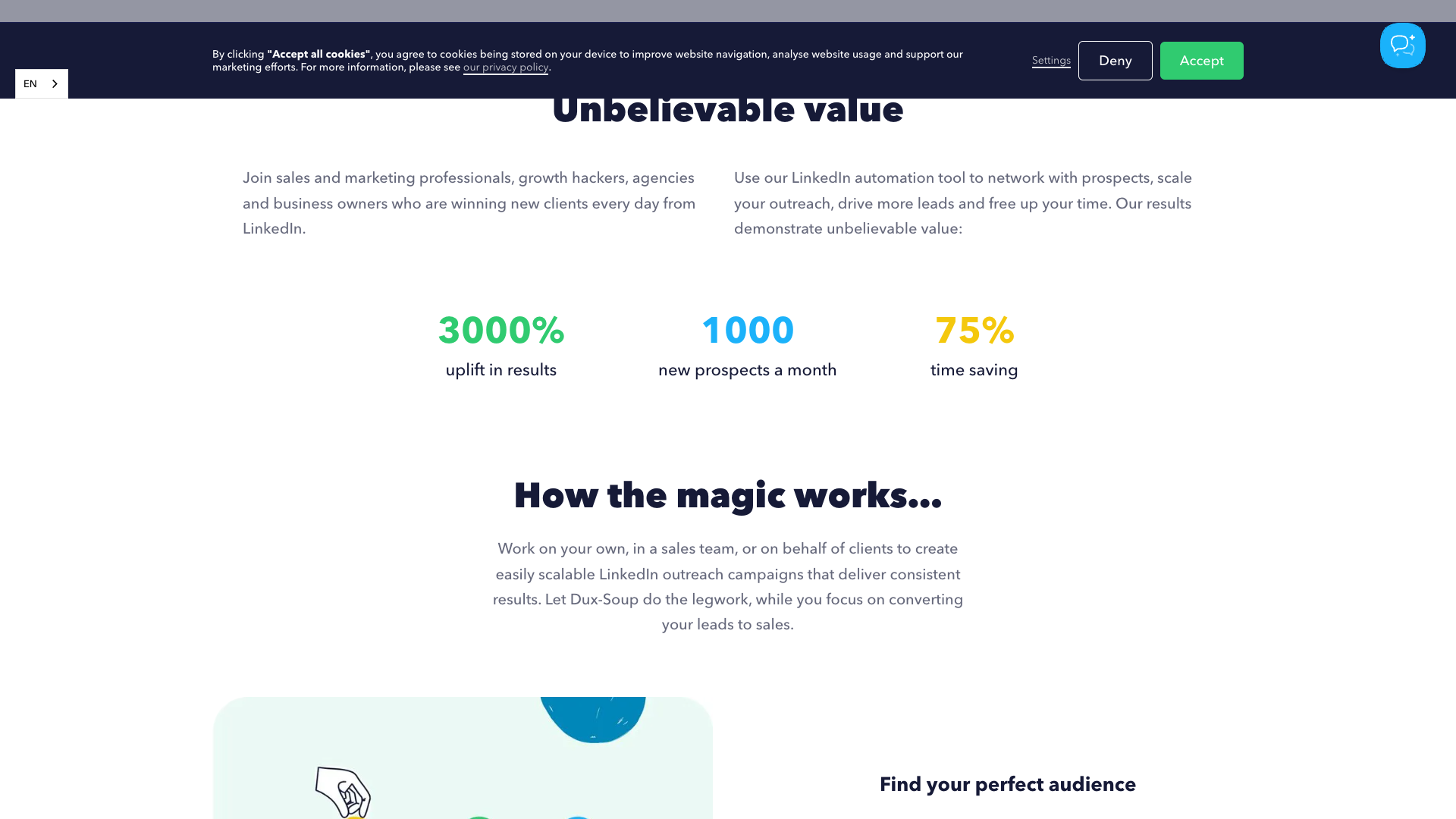 Features section emphasizing automation and lead generation capabilities