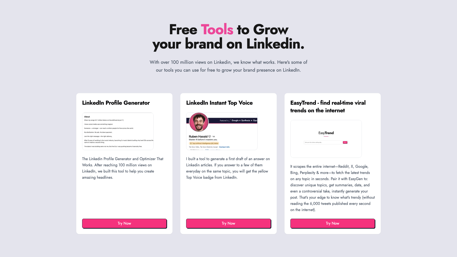 Overview of free LinkedIn tools offered by EasyGen