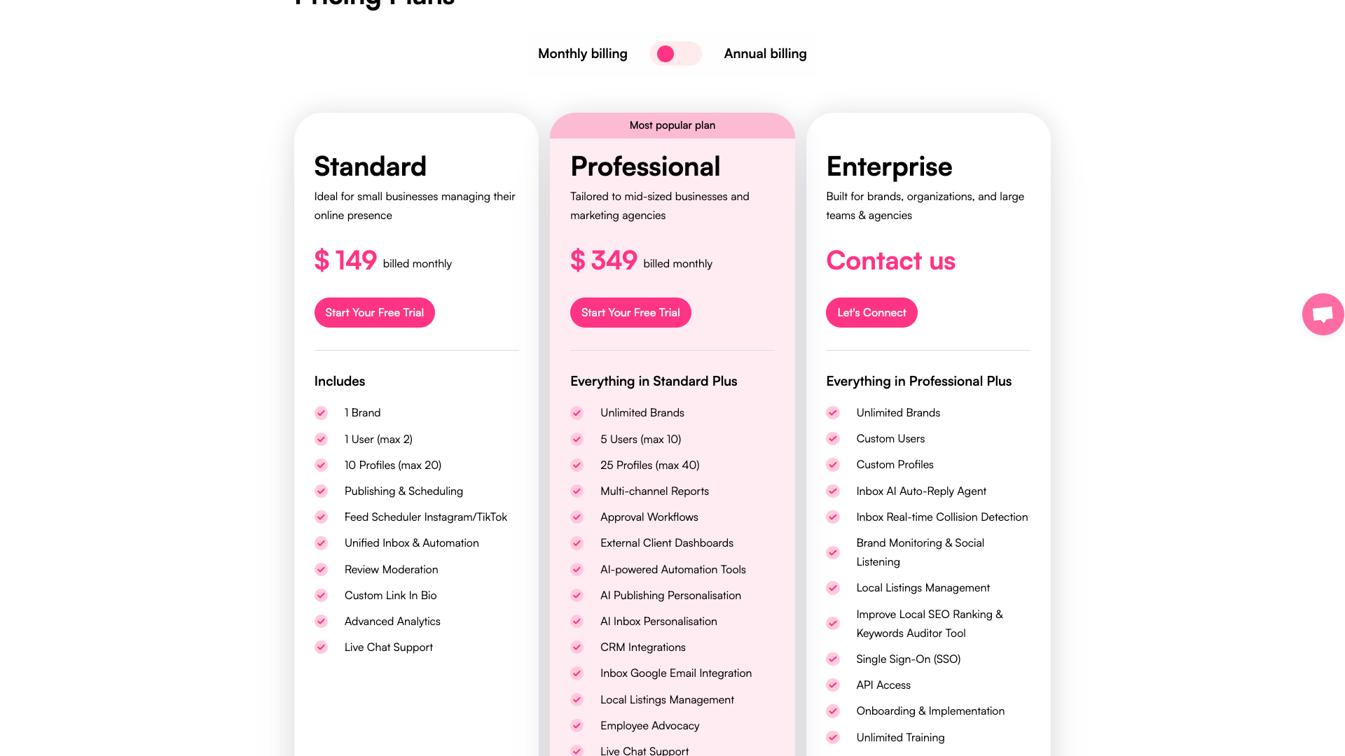 Pricing table showing plans