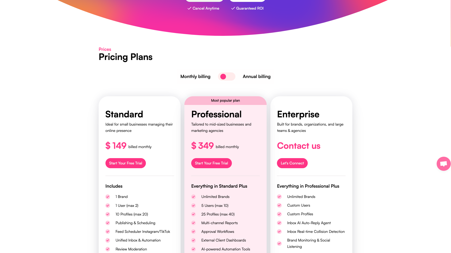 Pricing page showing subscription plans