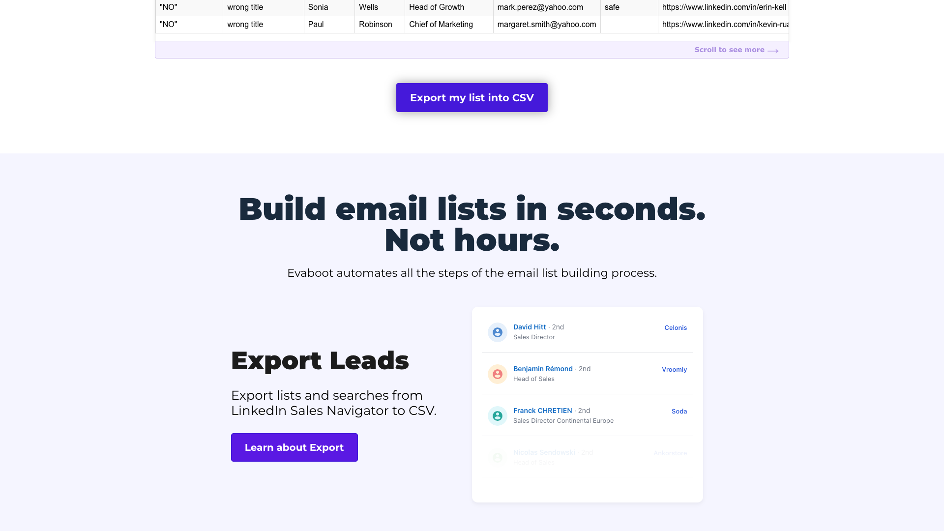 Features section on homepage showcasing Evaboot's strengths