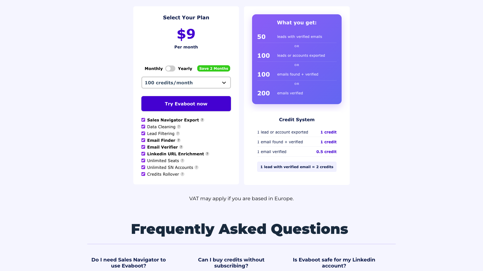 Pricing page showing credit-based pricing model and plans