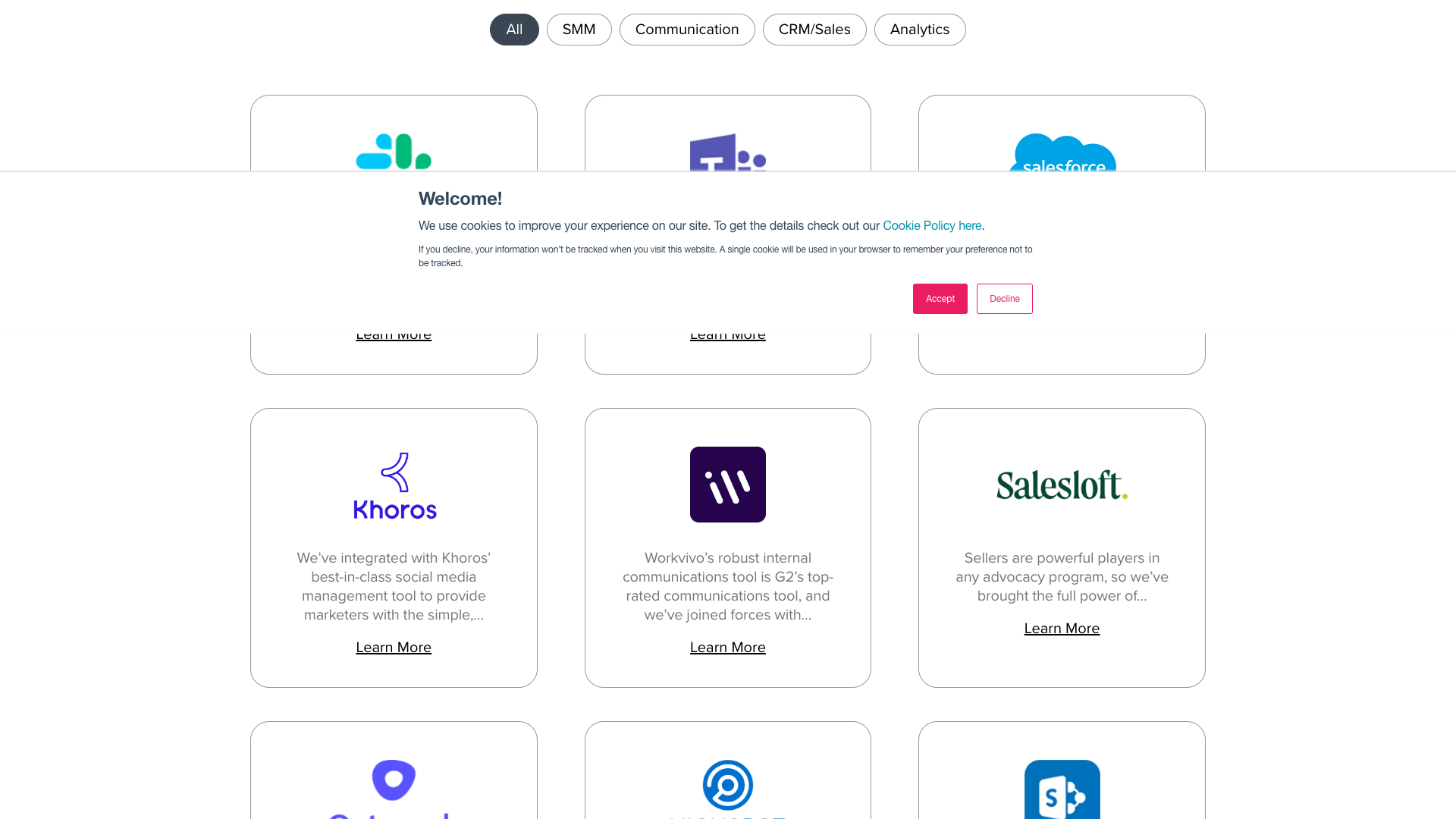 Integrations page showcasing supported platforms