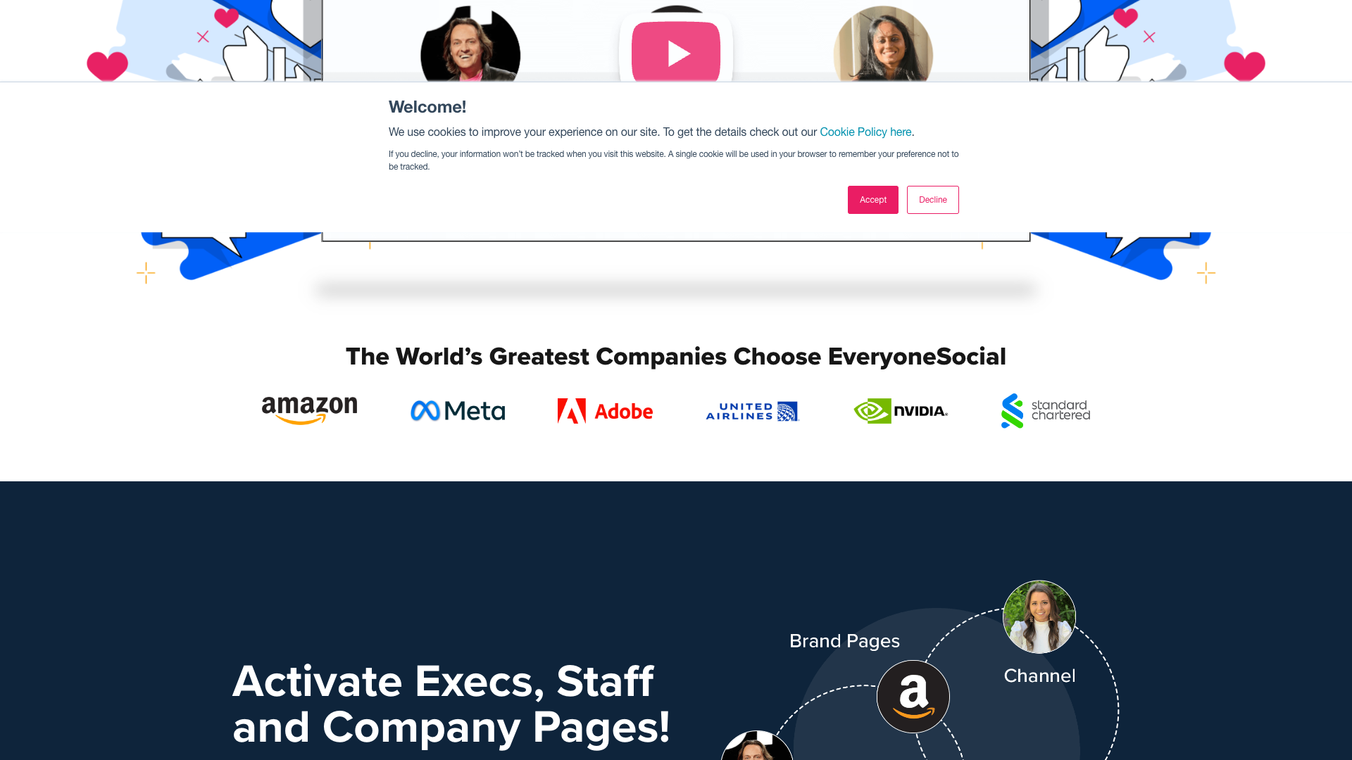 Features section on homepage highlighting employee advocacy and social selling