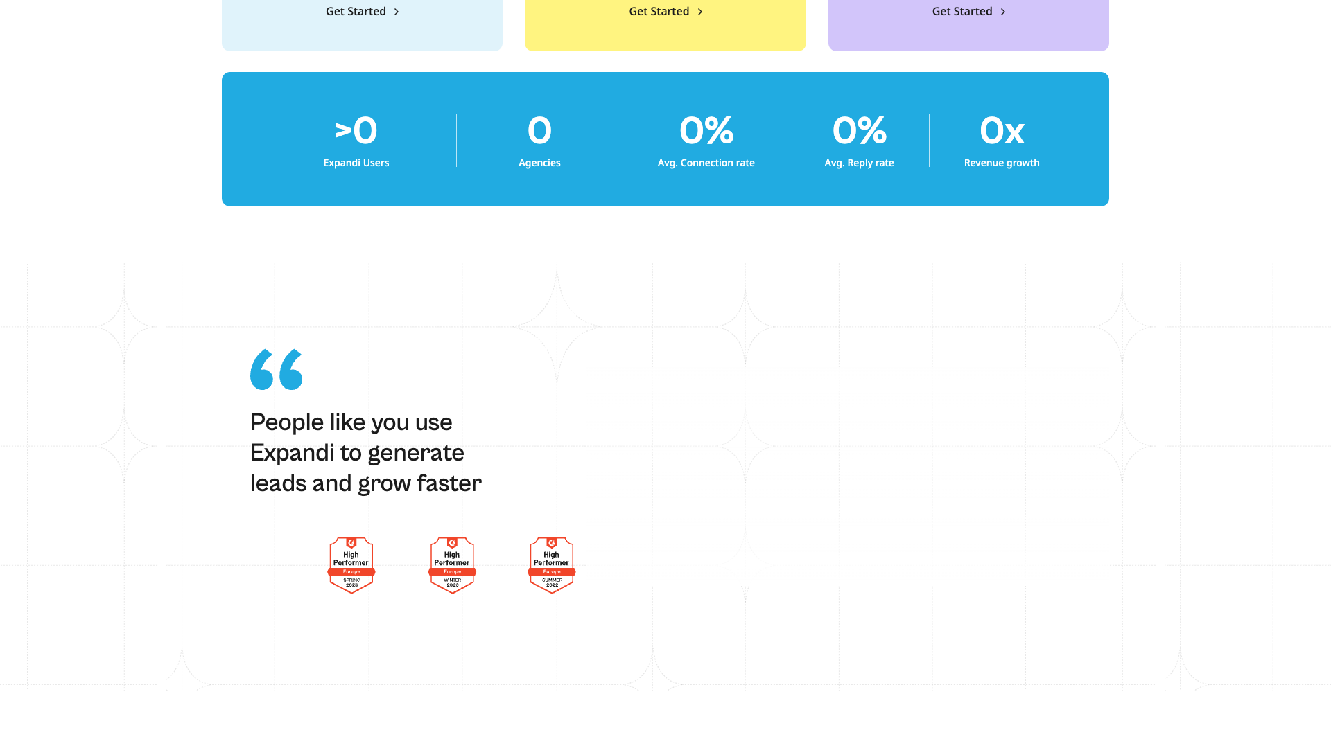 Testimonials section on the Expandi homepage