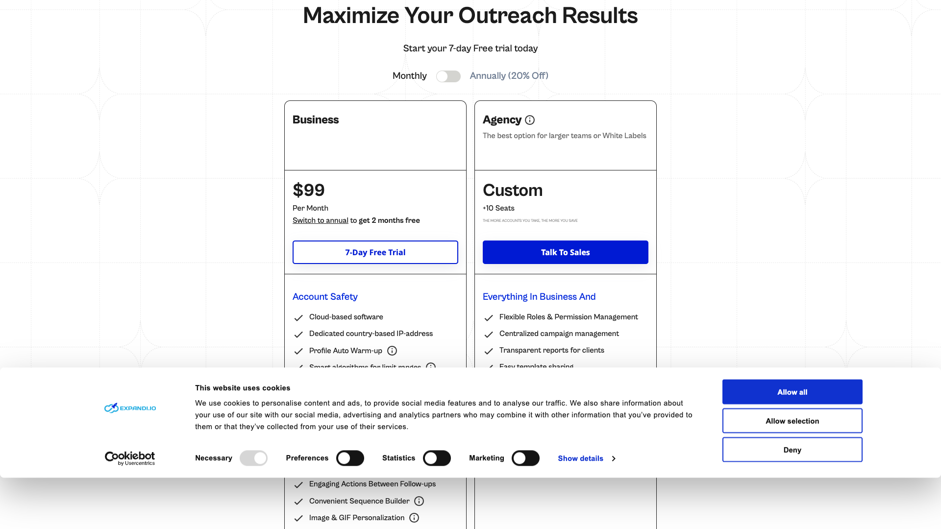 Pricing table showing plans