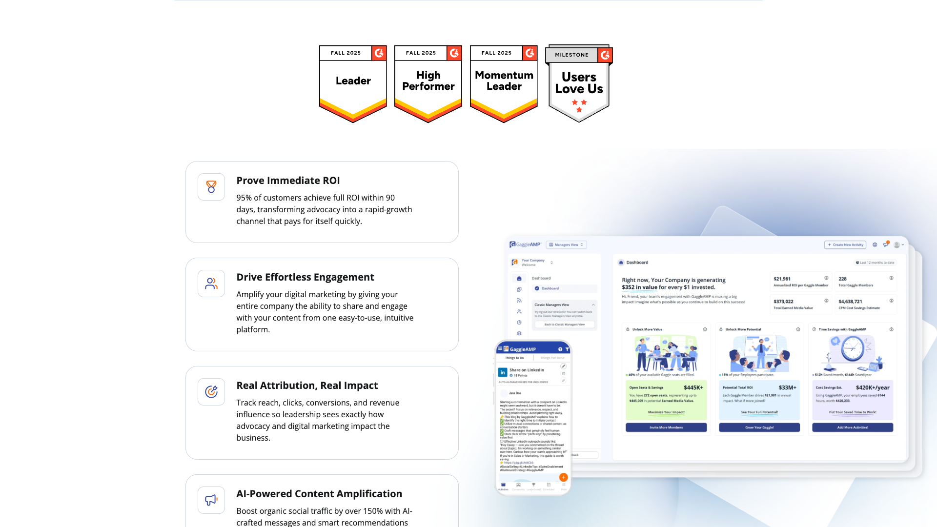 Features section on homepage highlighting employee advocacy and AI-powered content amplification