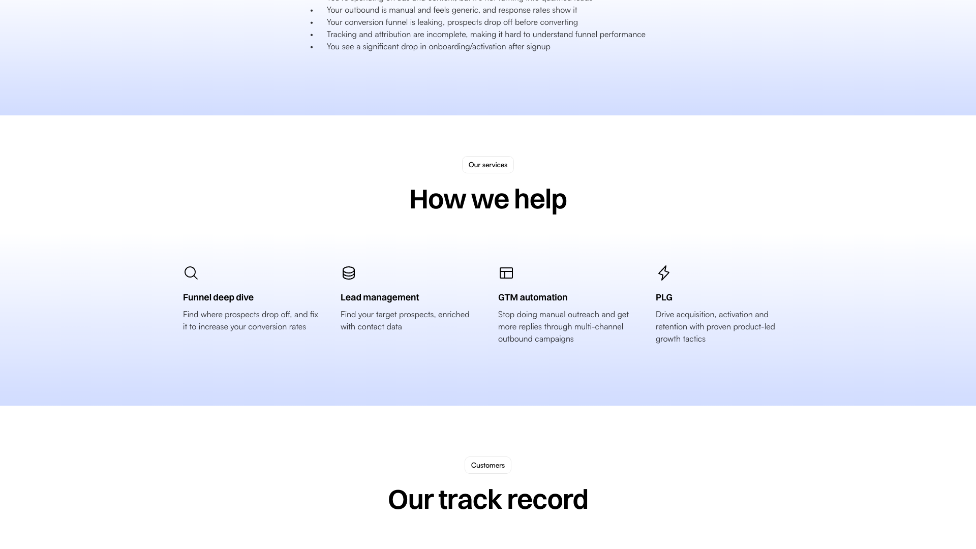 Services section detailing GrowthLead's main service pillars