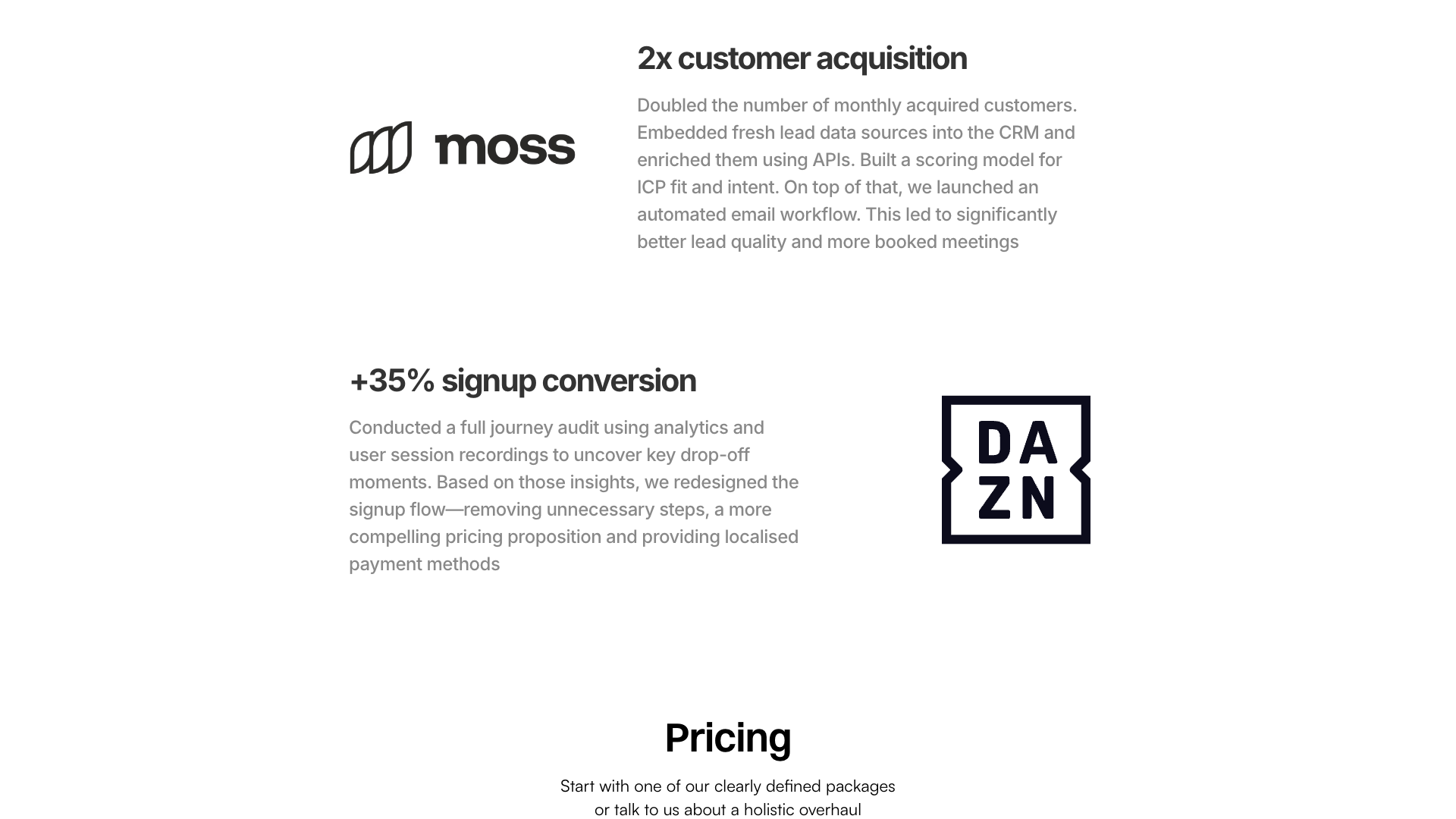 Pricing section on homepage showing Growth Audit and Growth Engine Overhaul packages
