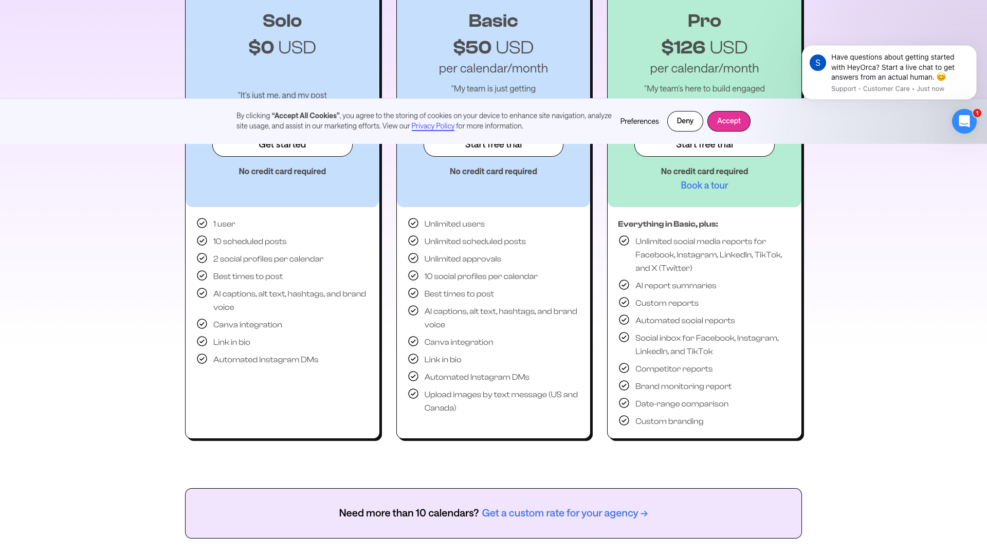 Pricing table showing plans