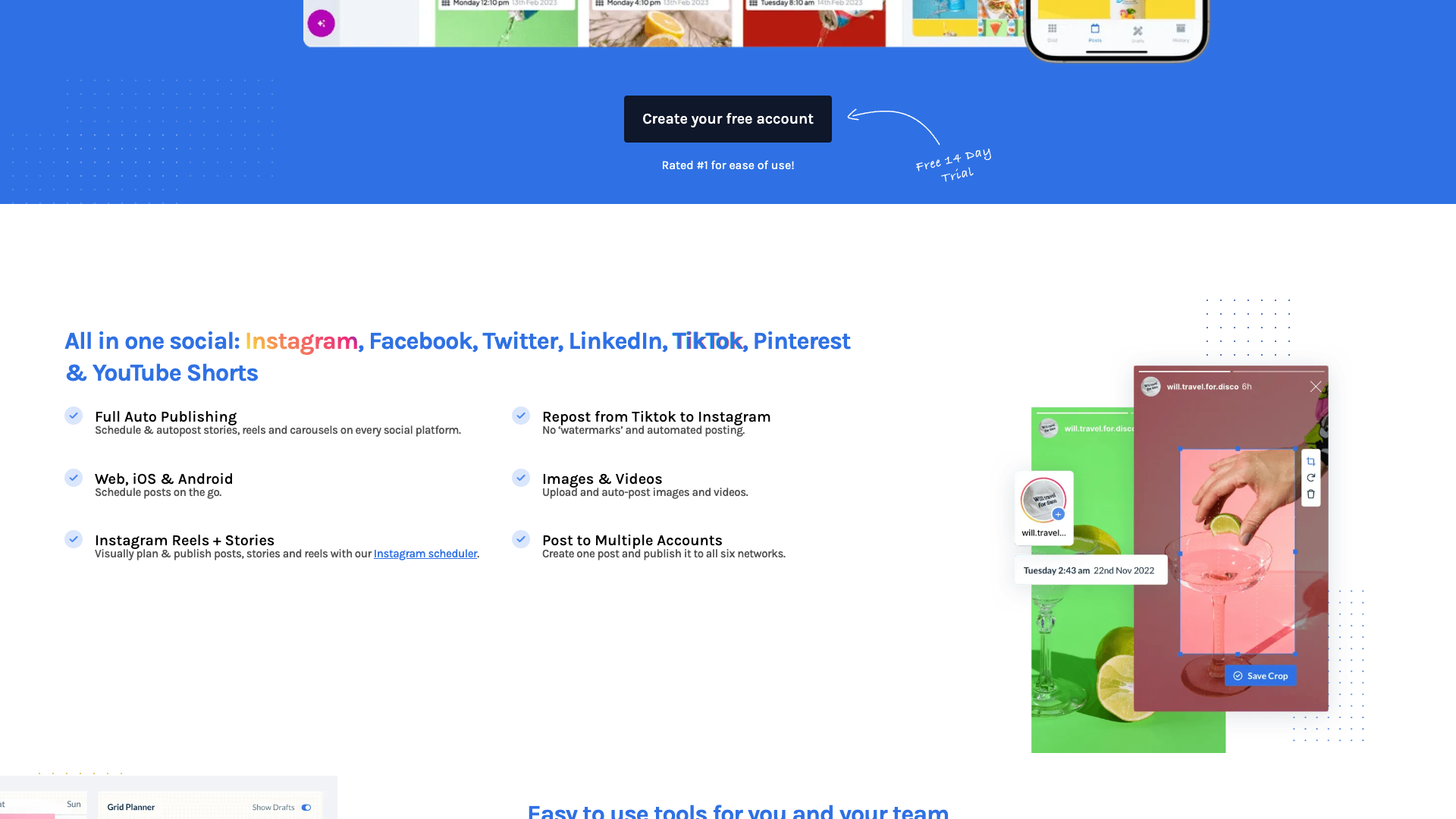 Automation tools section on homepage highlighting bulk upload and AI features