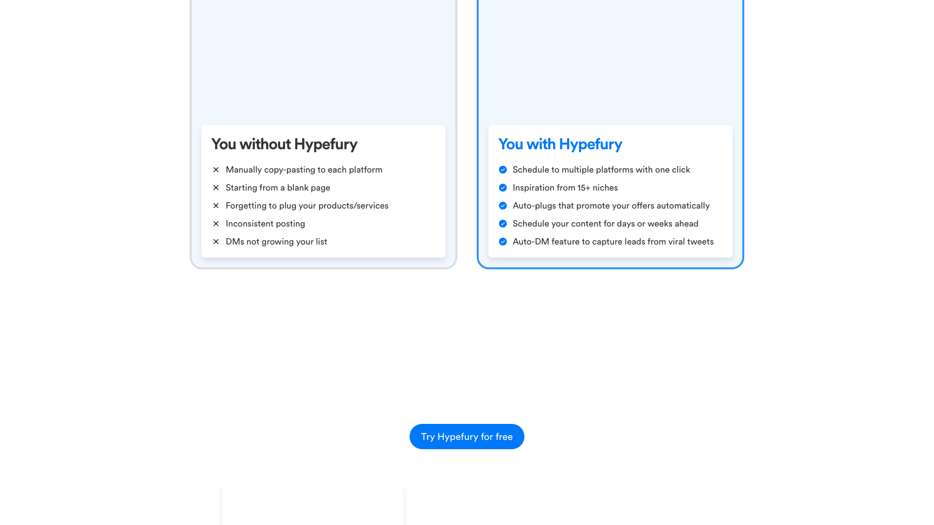 Features section on homepage showcasing content creation, scheduling, and automation capabilities