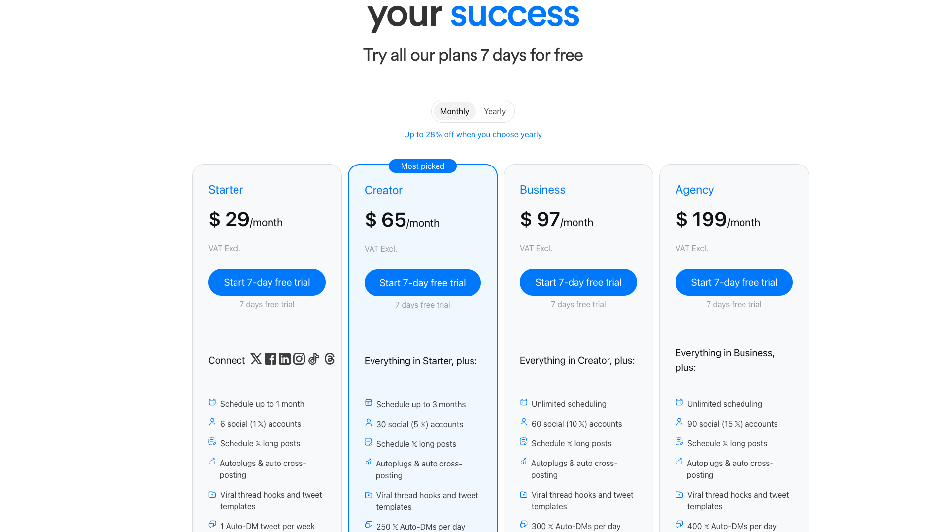 Pricing table showing plans