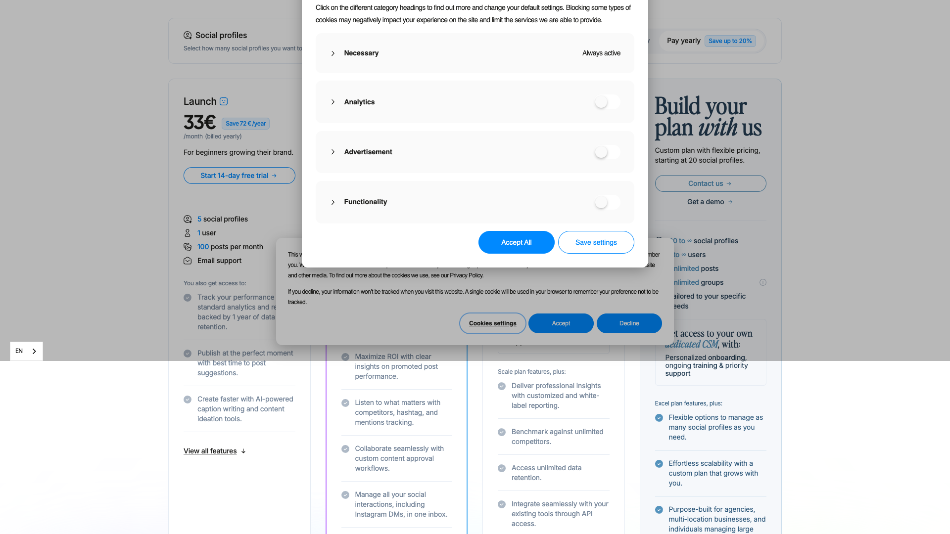 Pricing page showing different plans and features
