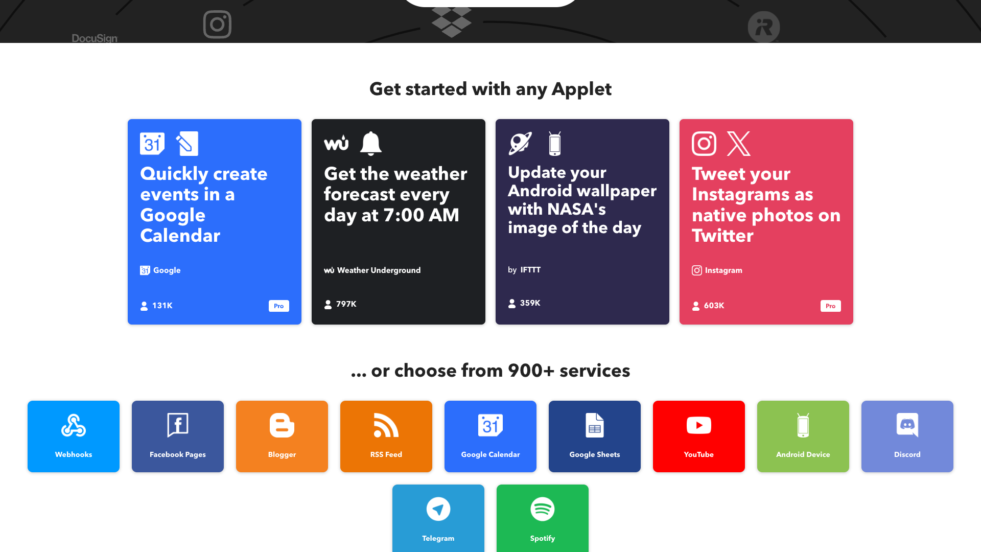Homepage section featuring popular Applets with user counts