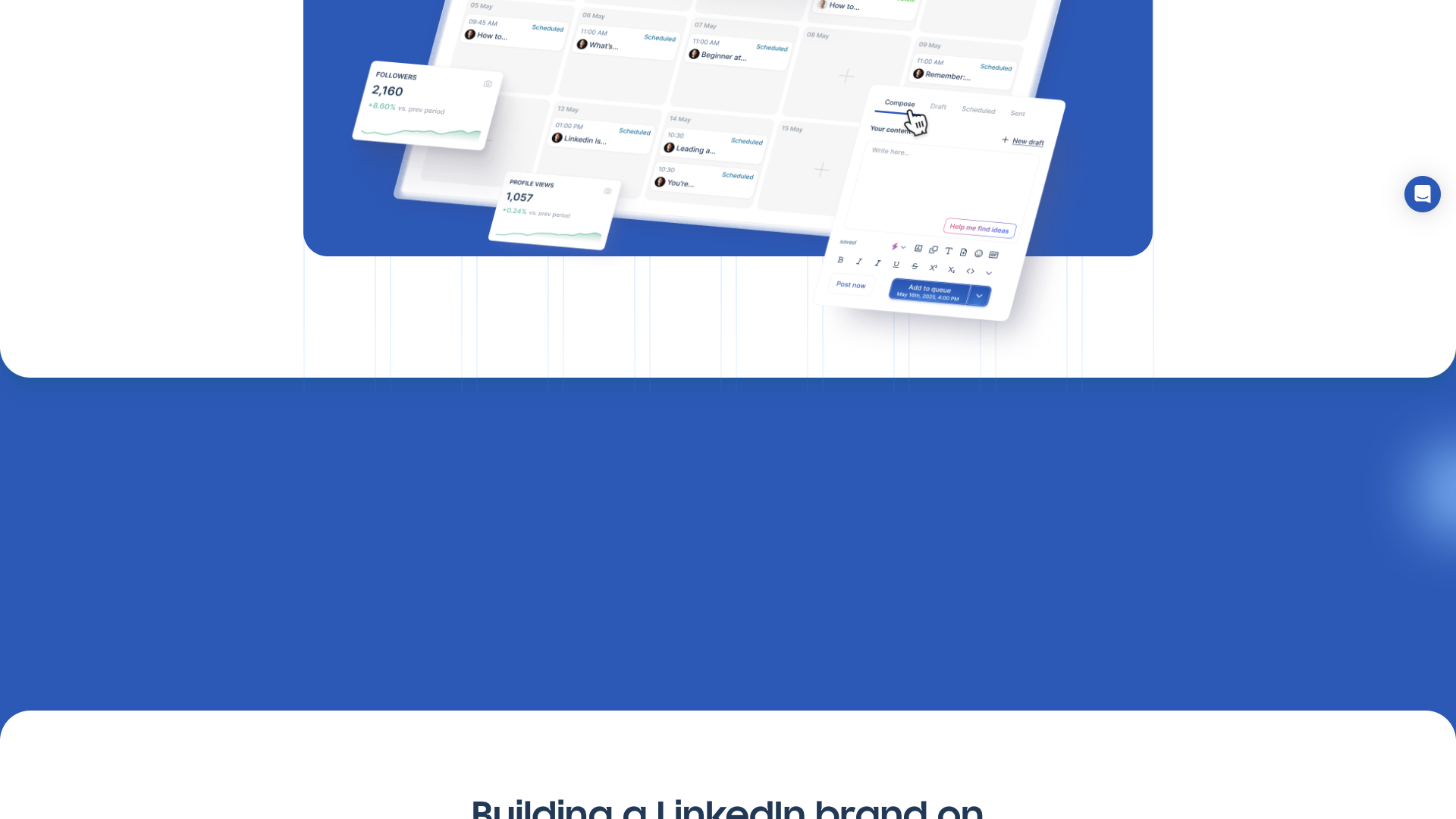 Features section on homepage highlighting analytics and scheduling