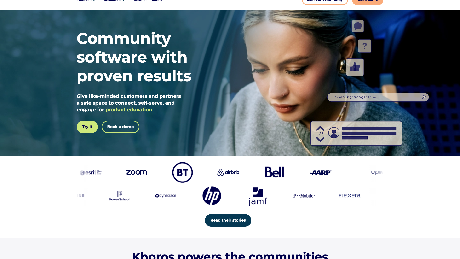 Khoros homepage section highlighting community software with proven results