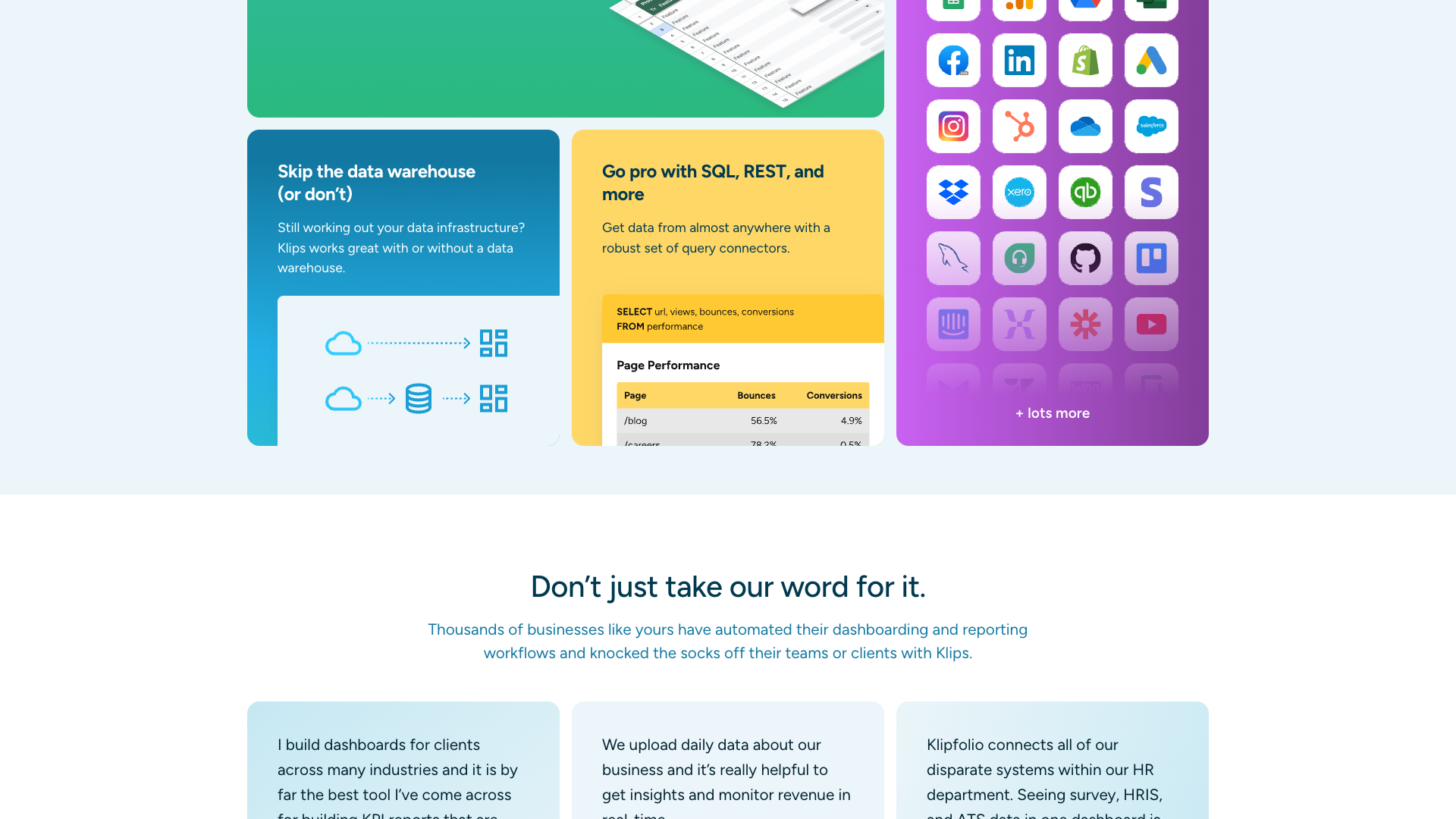 Customer testimonials highlighting the effectiveness of Klipfolio