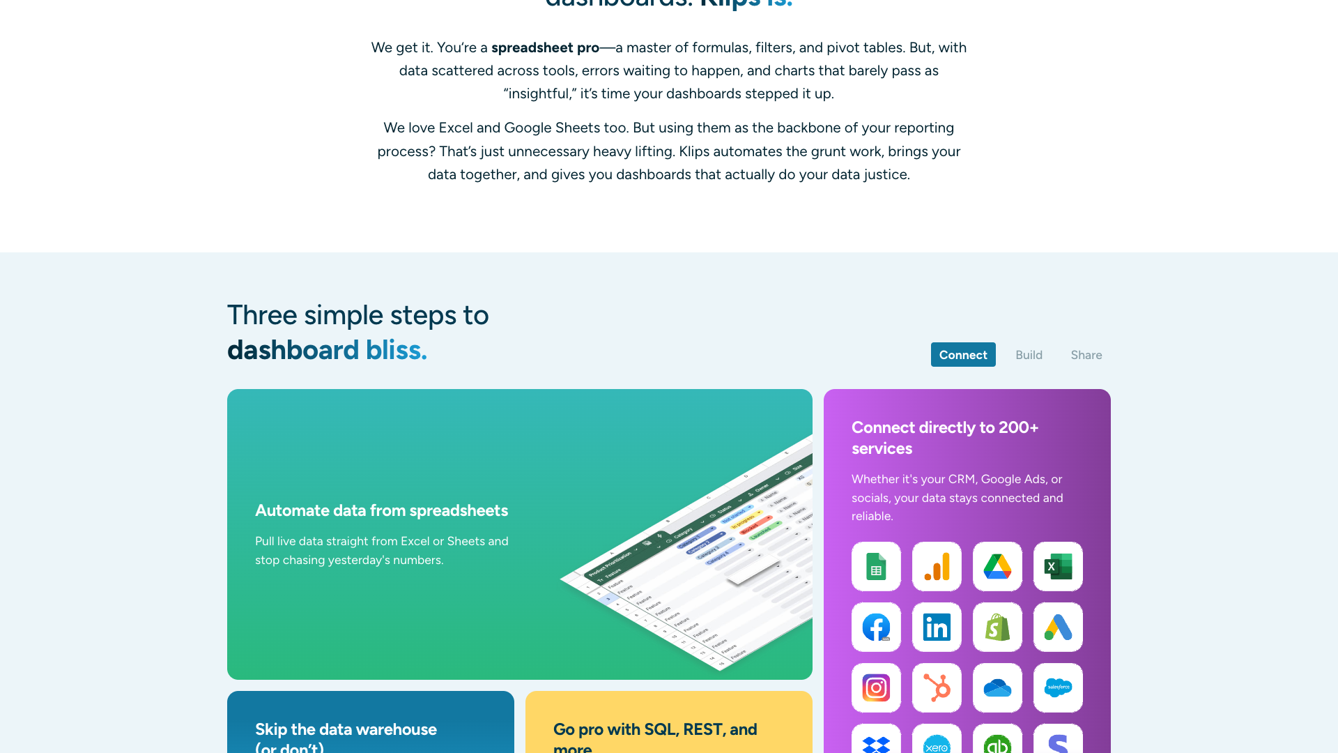 Features section on homepage detailing Klipfolio's capabilities