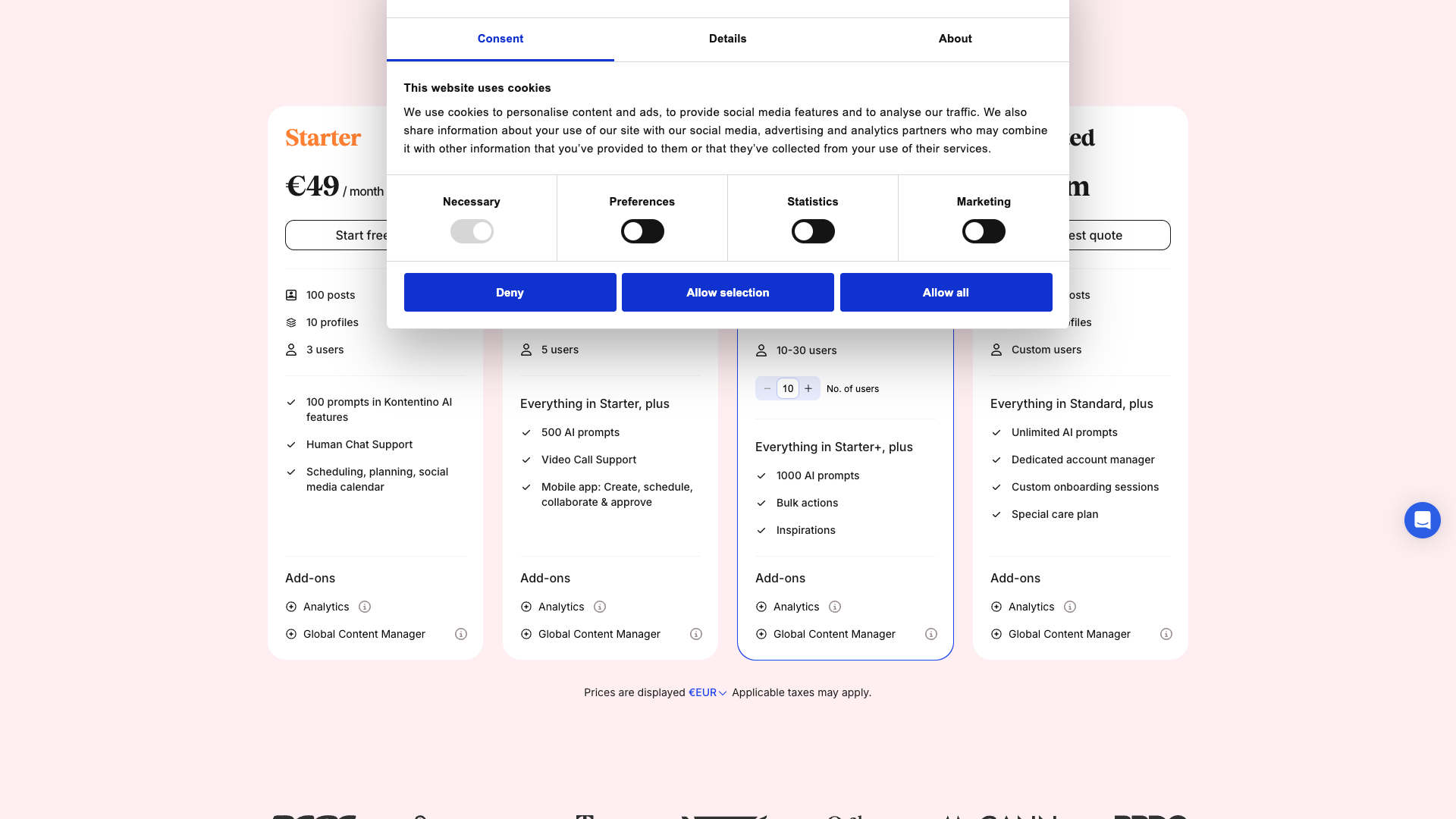 Pricing table showing plans