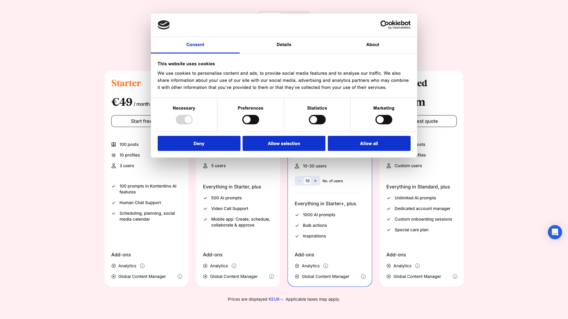 Pricing page showing different plans for Kontentino