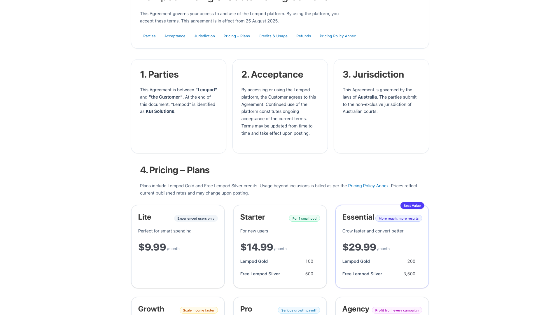 Pricing page showing Lempod's Gold and Silver credit system