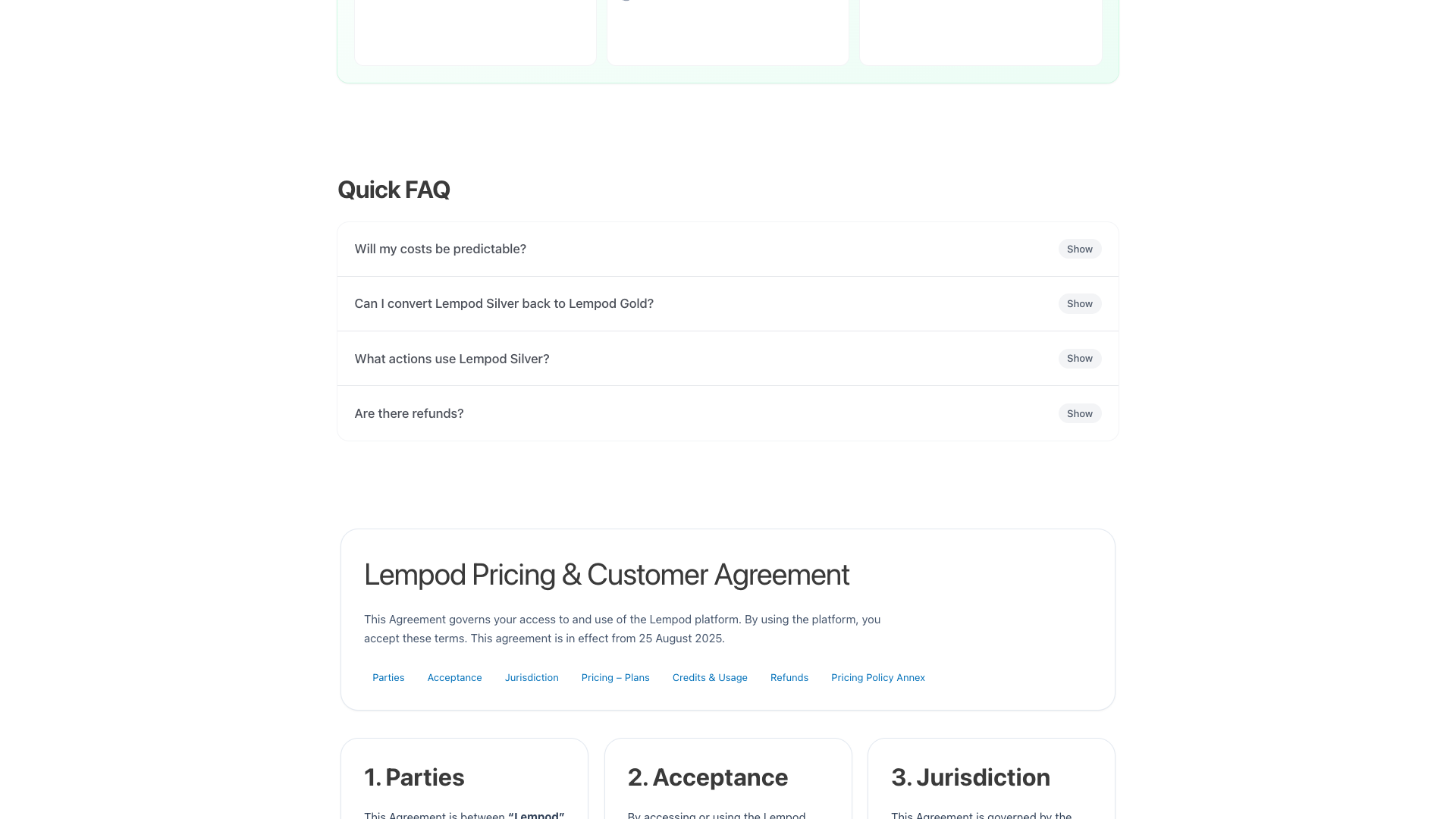 Pricing page detailing Lempod's two-credit system and subscription options