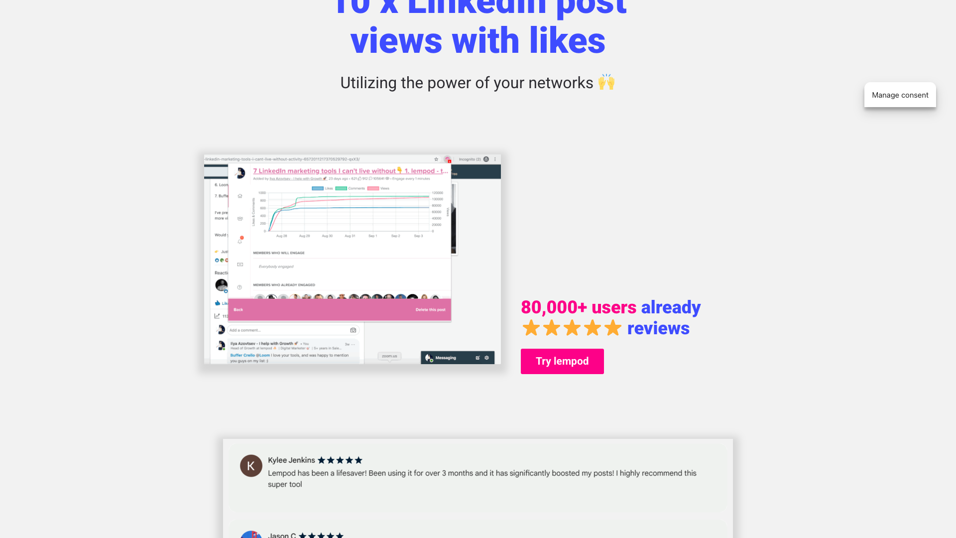 Analytics section on homepage showcasing tracking capabilities for posts