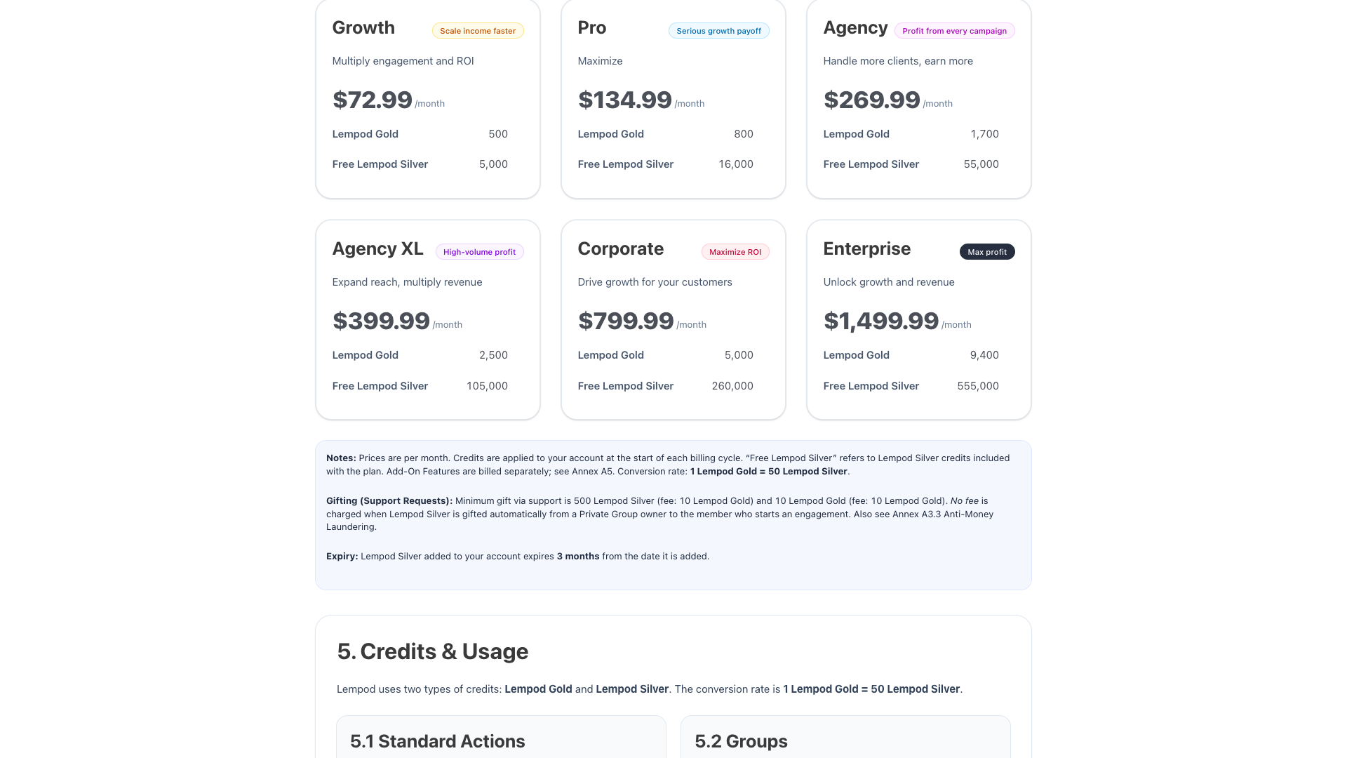 Pricing structure showing Gold and Silver credits